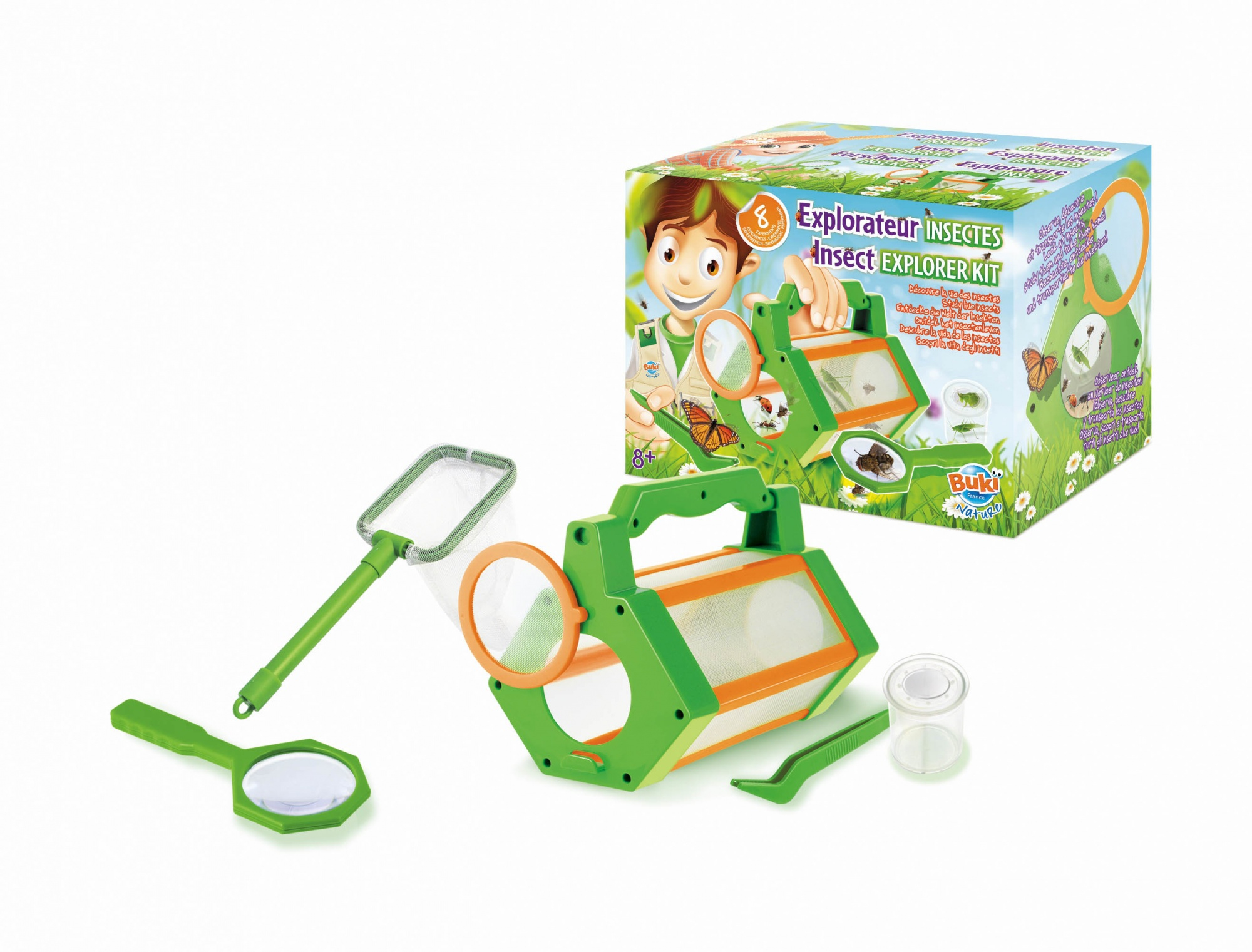 Ein Insektenforscher-Set mit Becherlupe, Netz, Pinzette und Fangbehälter.