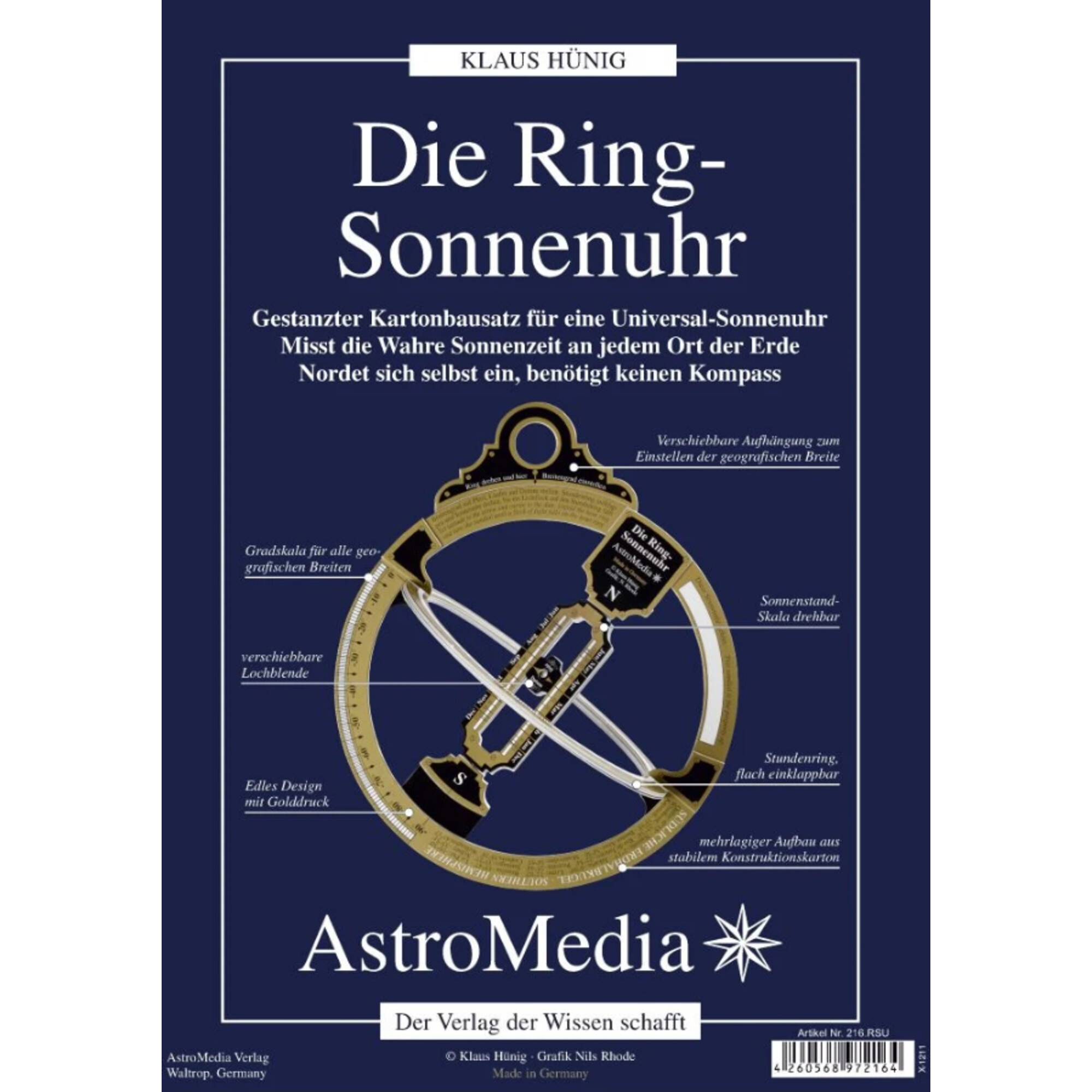 Ein goldener Ring-Sonnenuhr-Bausatz aus Karton mit deutschen Beschriftungen.