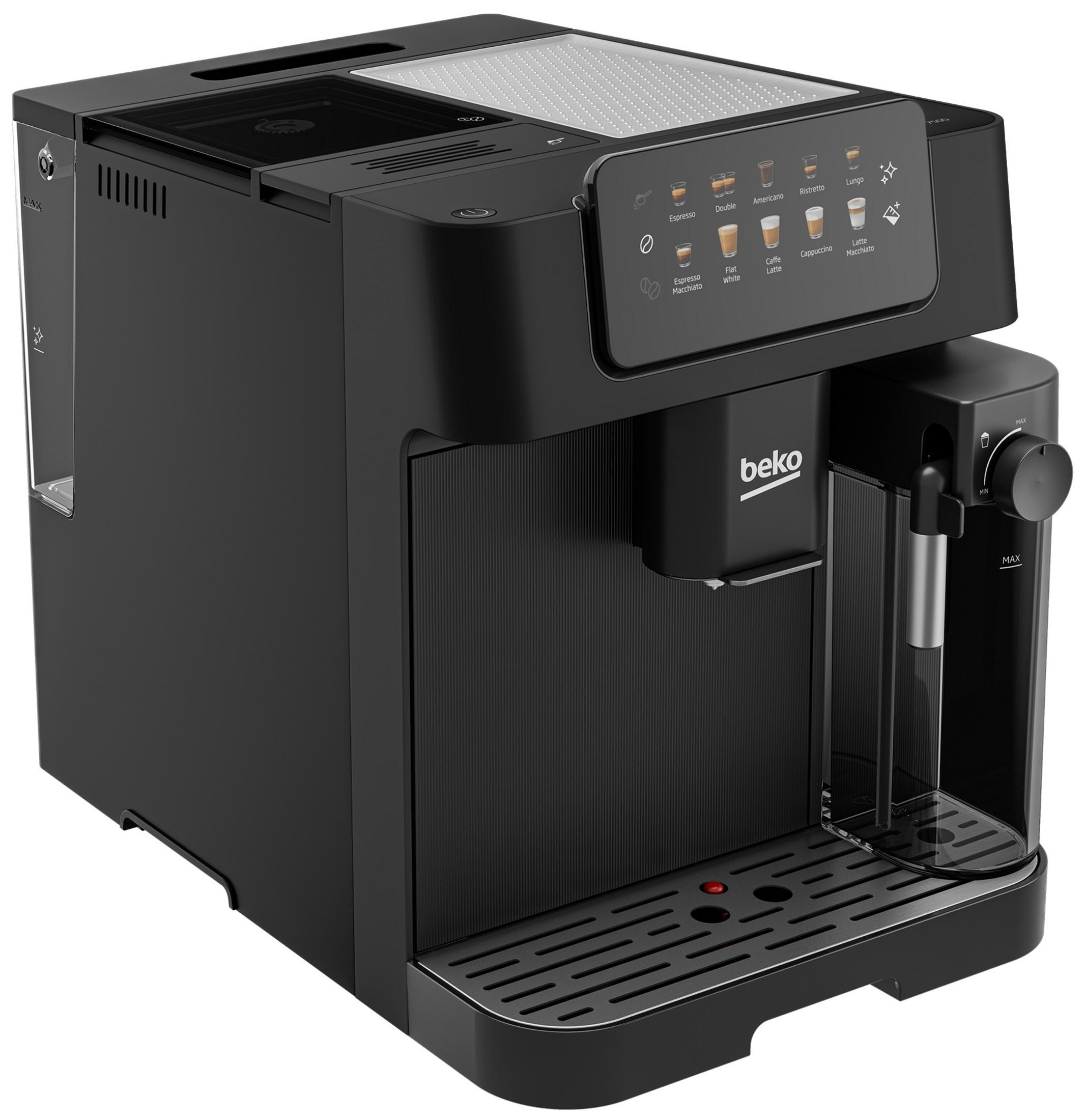 Schwarze Beko-Kaffeemaschine mit Touchscreen-Bedienfeld für verschiedene Kaffeesorten.