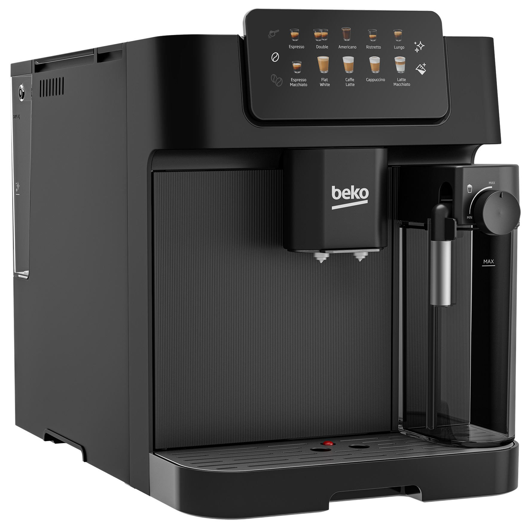 Schwarze Kaffeemaschine mit Touchscreen-Bedienfeld und verschiedenen Kaffeeoptionen.