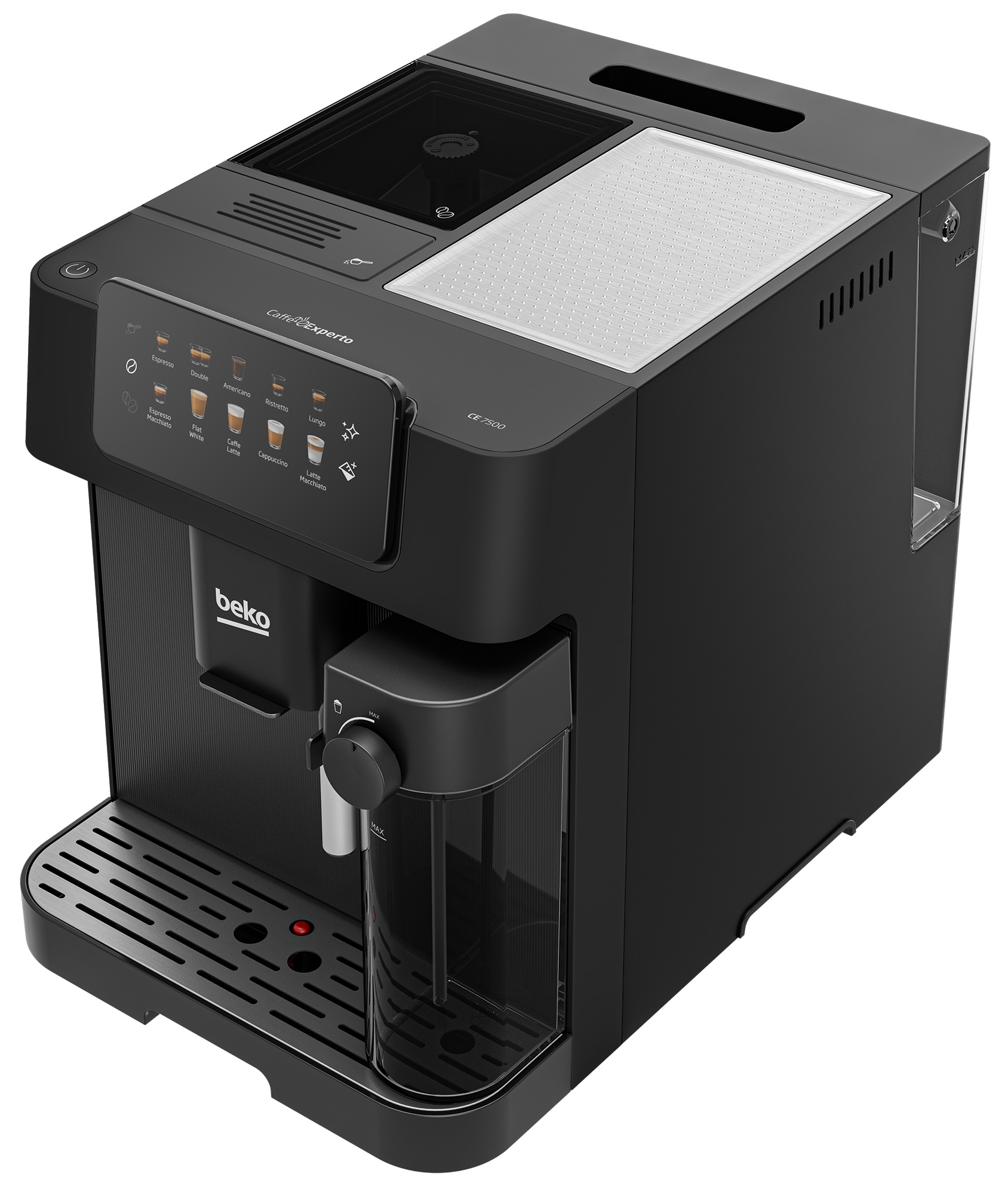 Ein schwarzer Kaffeevollautomat mit Touchscreen-Bedienfeld und vielen Kaffeeoptionen.