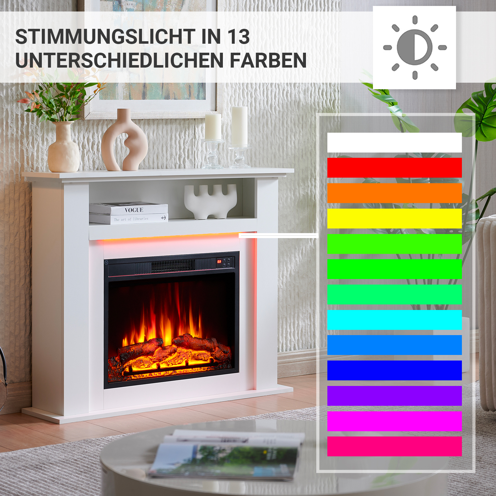 Ein weißer Elektrokamin mit Flammen und einer Farbpalette daneben.