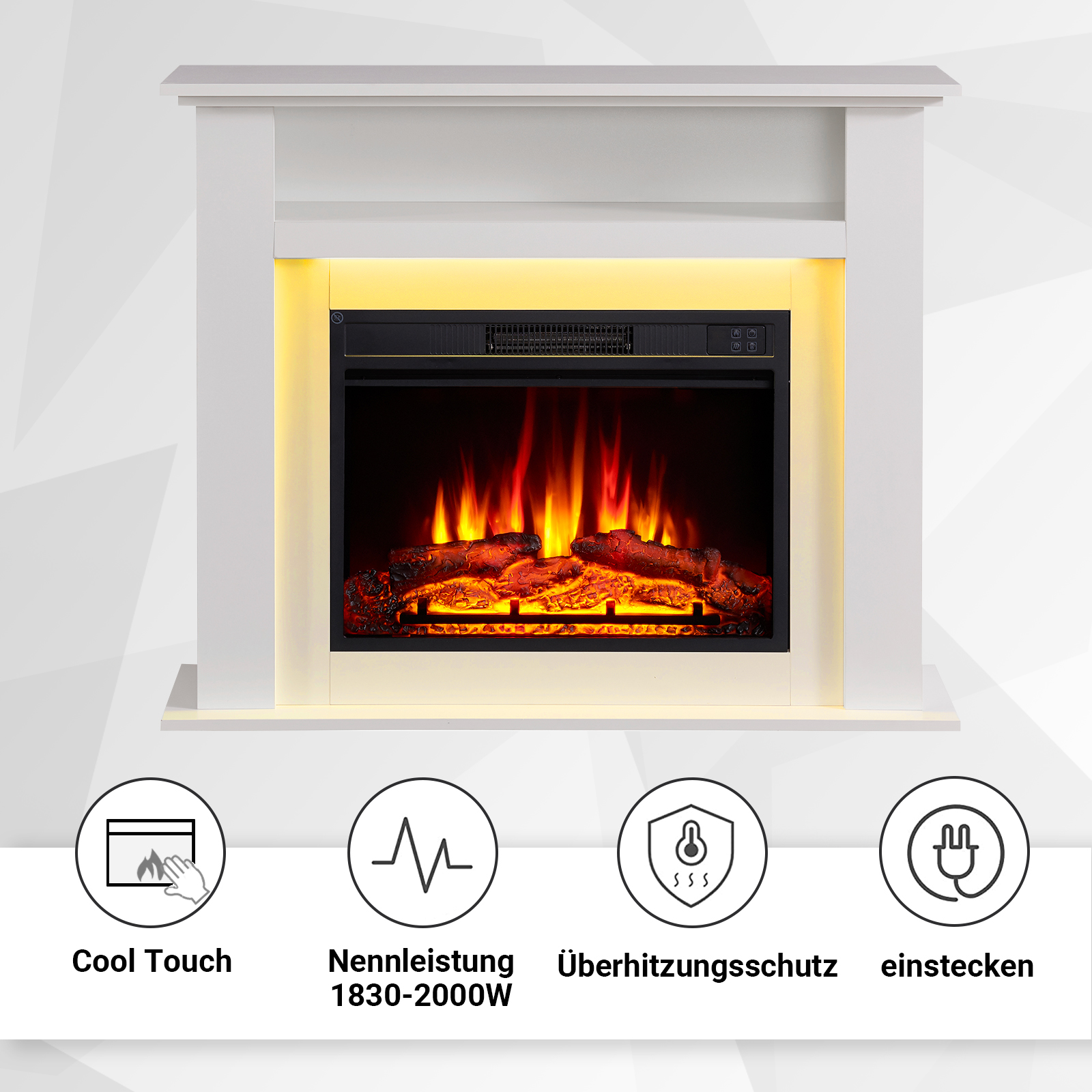Ein weißer Kaminsims mit einem elektrischen Kamin, der Flammen zeigt.