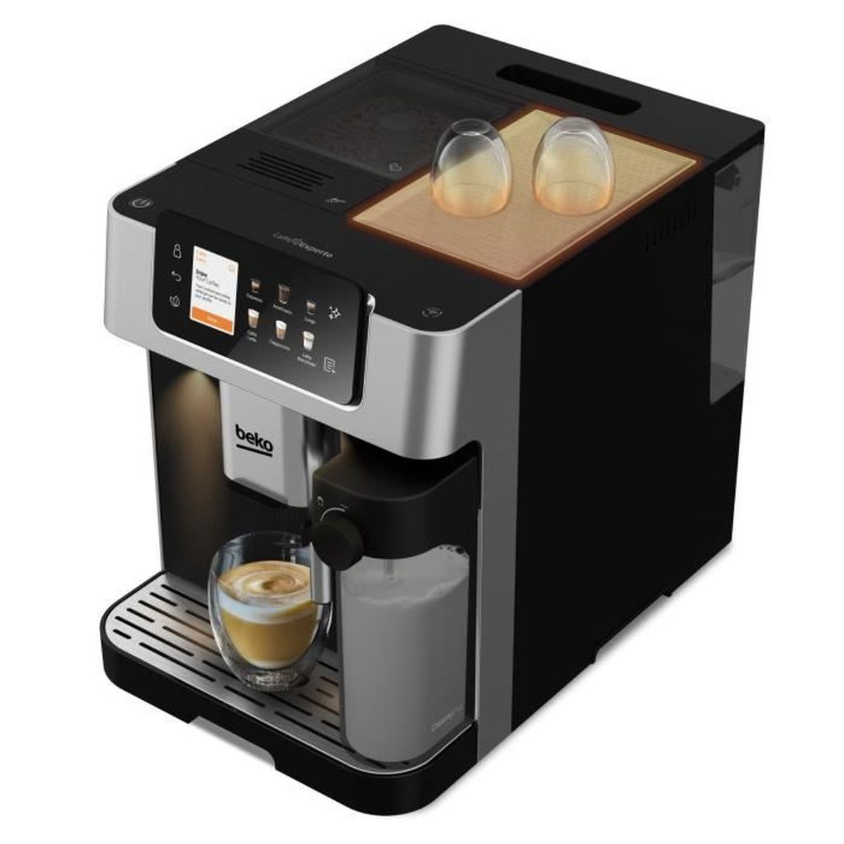 Moderna macchina da caffè con contenitore latte e tazza.