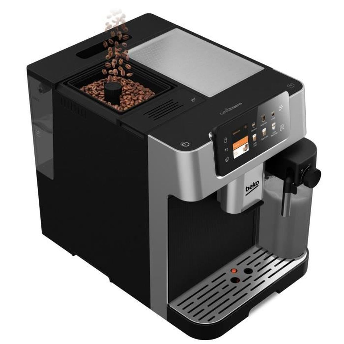 Una macchina da caffè nera e argento con chicchi di caffè che cadono nell'imbuto.