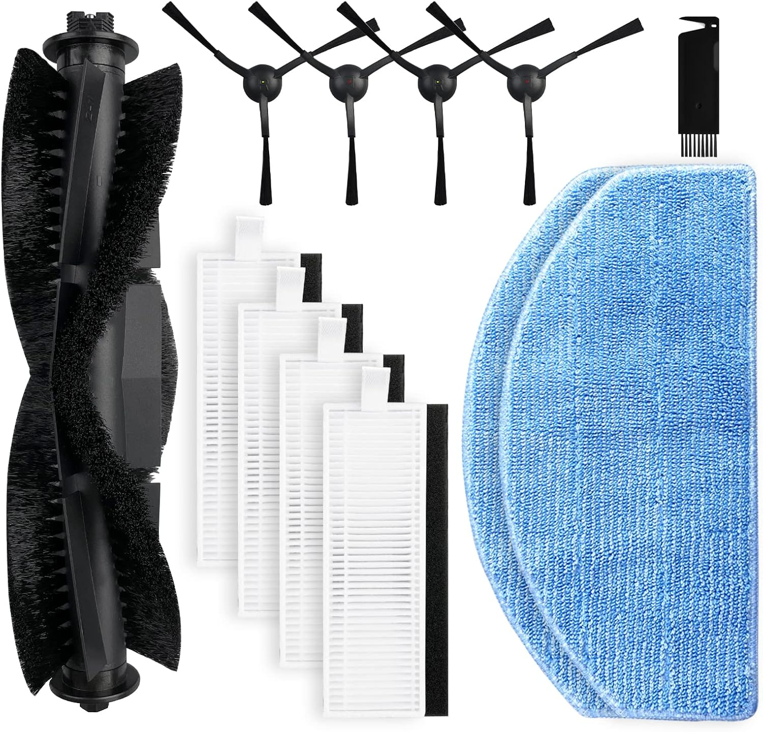 Reinigungszubehör für Saugroboter: Bürstenrolle, Filter, Seitenbürsten und Mopppads.