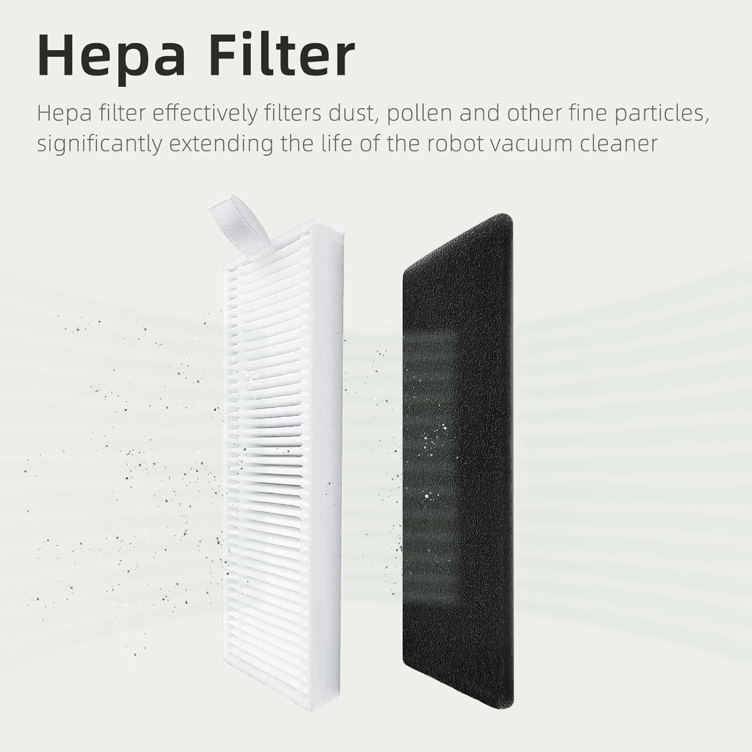 Ein weißer HEPA-Filter und ein schwarzer Schaumstofffilter nebeneinander mit Staubpartikeln.