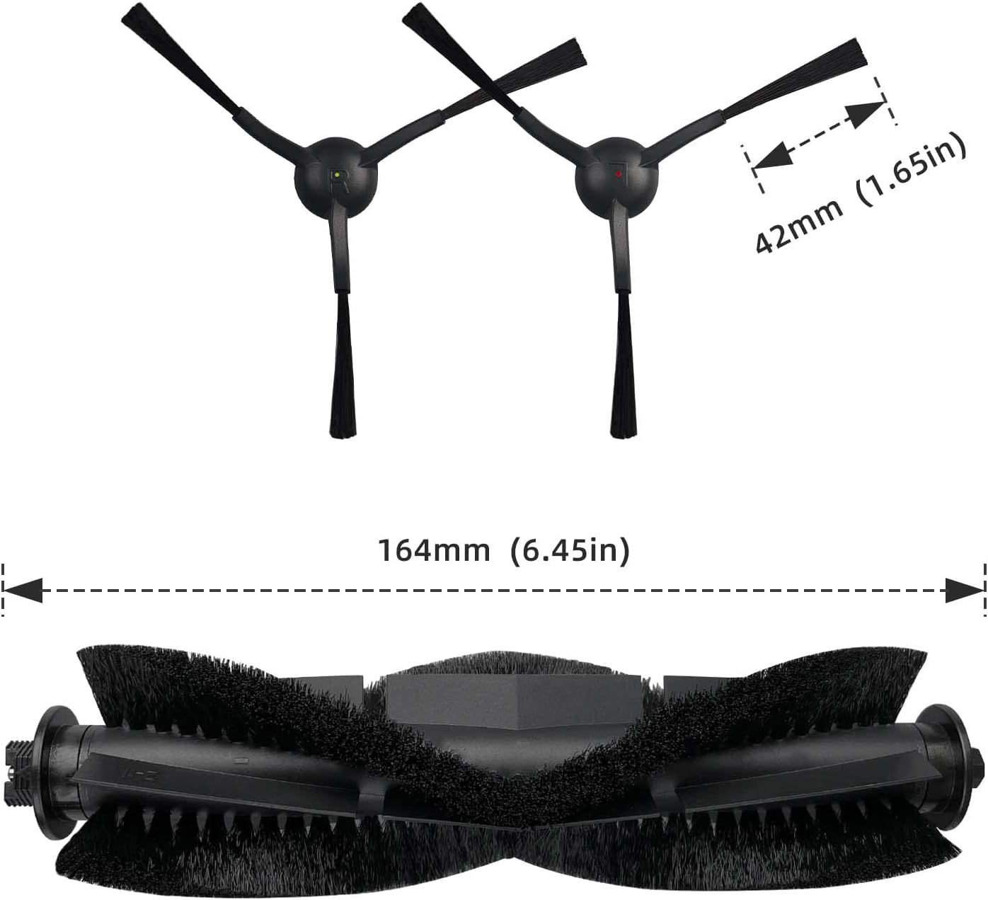 Zwei schwarze Seitenbürsten für Staubsaugerroboter, eine mit Bemaßung.