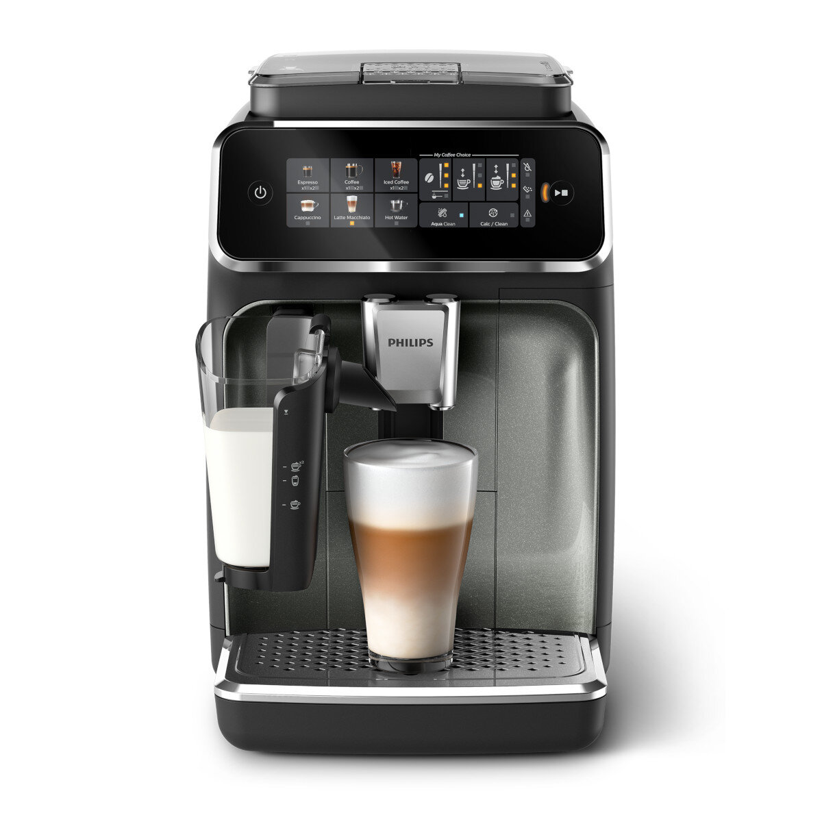 Una macchina da caffè nera con un bicchiere di latte e un latte macchiato.