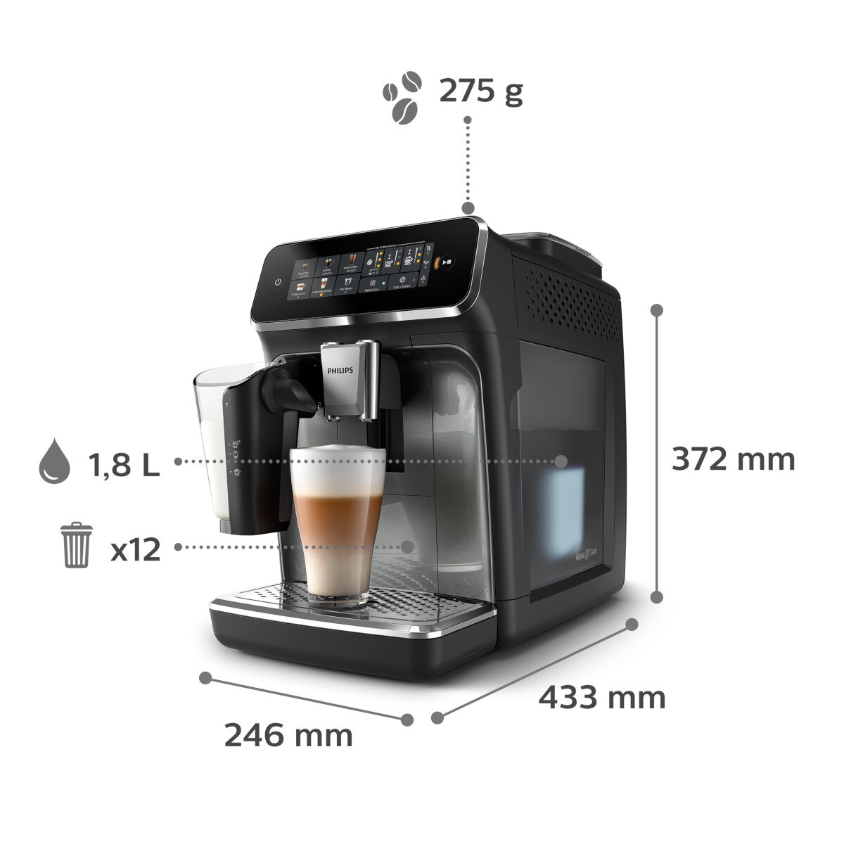 Macchina da caffè Philips nera con caraffa latte, bicchiere e dimensioni.