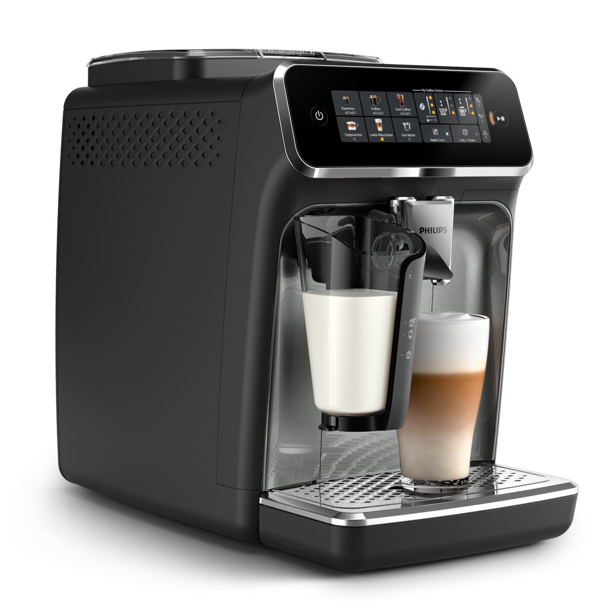 Una macchina da caffè automatica nera con un bicchiere di latte e un latte macchiato.