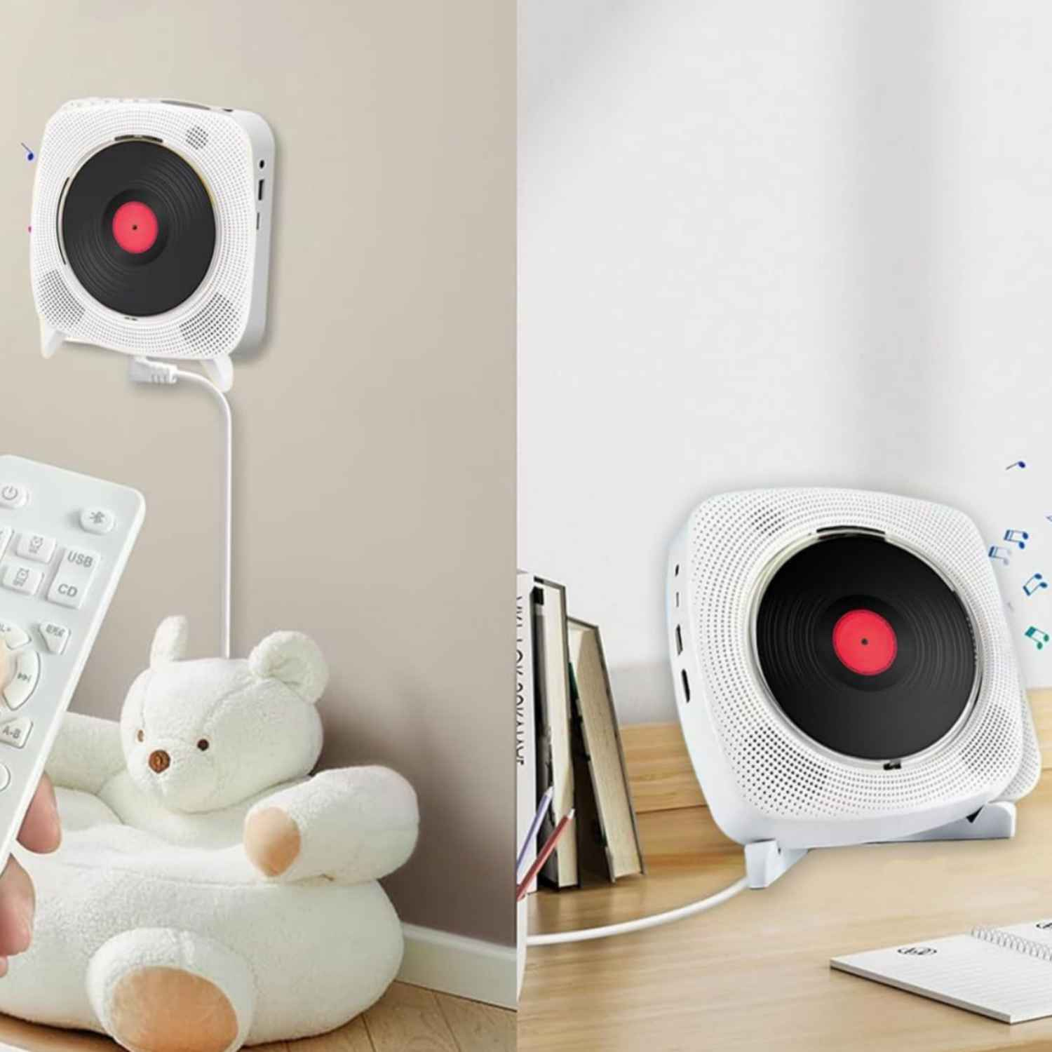 Ein weißer CD-Player mit rotem Zentrum, der an einer Wand hängt, daneben ein Teddybär.