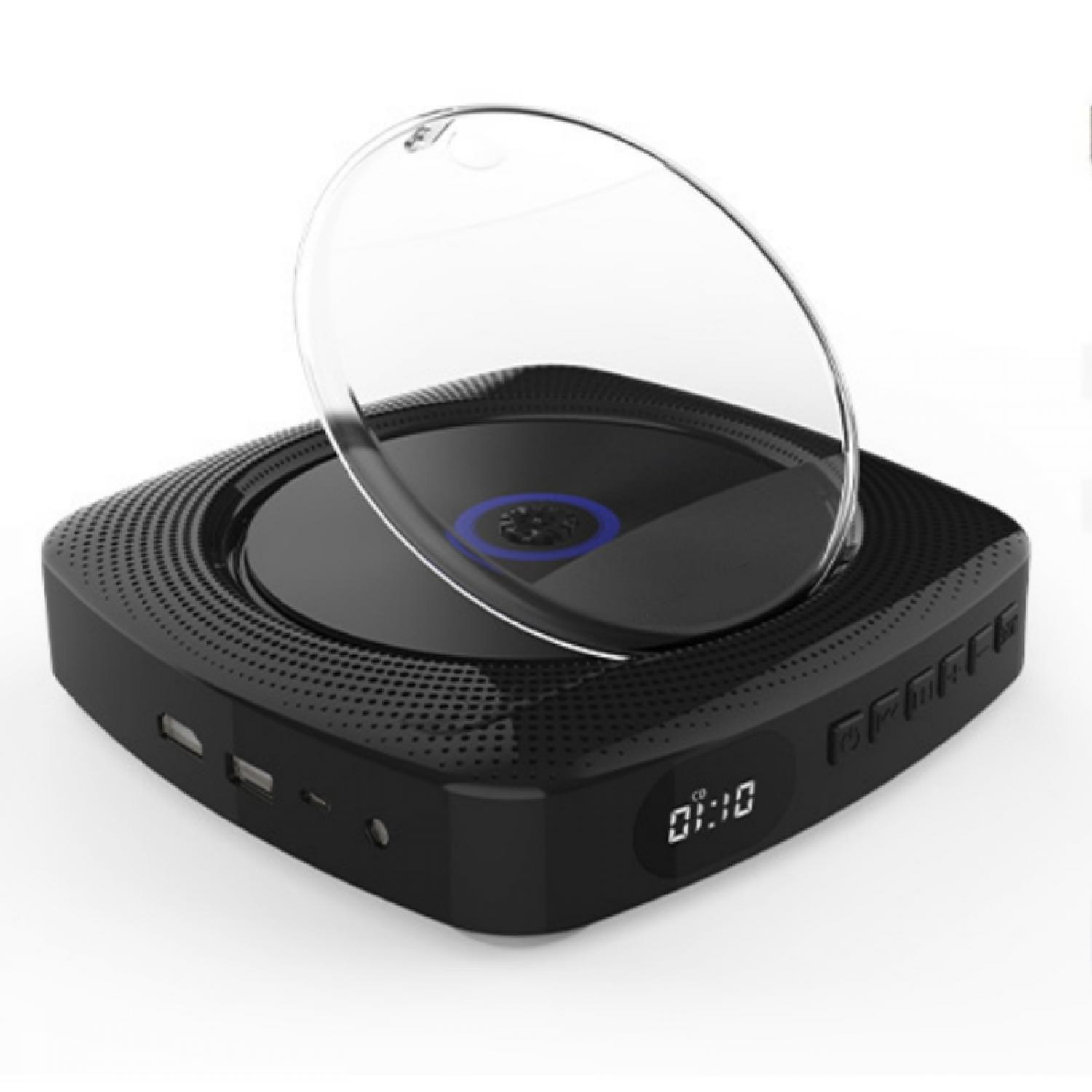 Schwarzer CD-Player mit transparentem Deckel, USB-Anschlüssen und digitaler Anzeige.