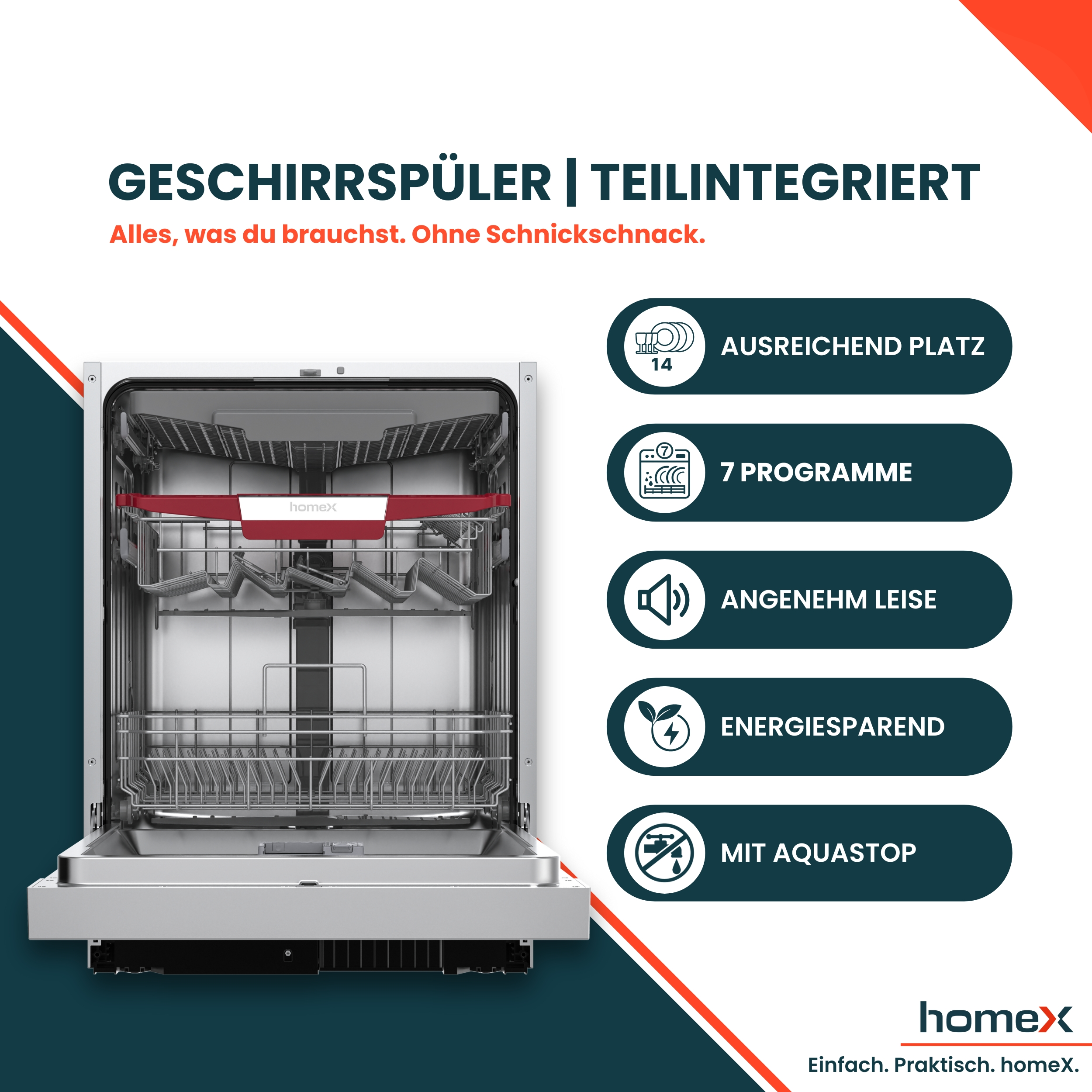Ein teilintegrierter Geschirrspüler mit 14 Maßgedecken, 7 Programmen und AquaStop.