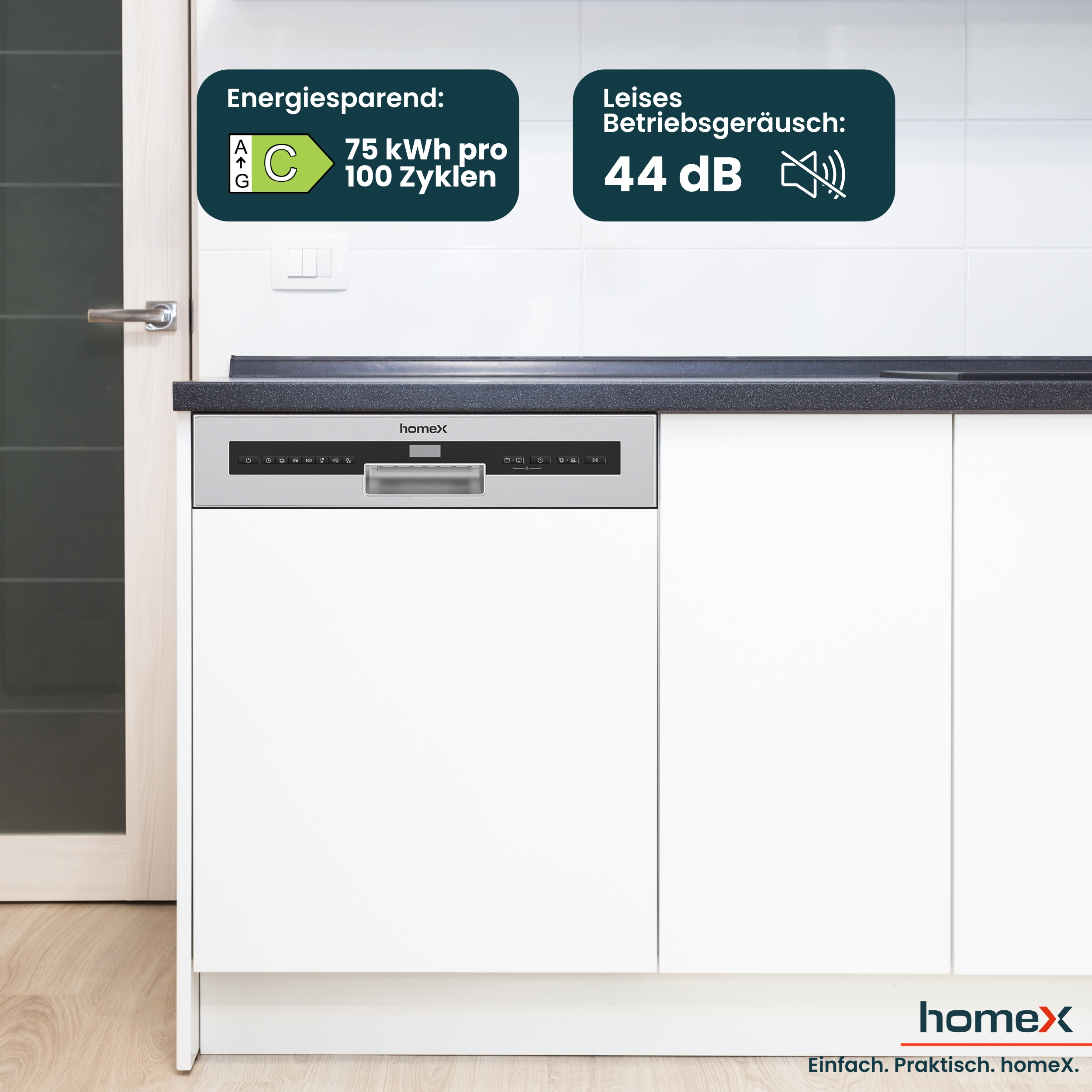 Einbau-Geschirrspüler mit Energieeffizienz C, 75 kWh/100 Zyklen, 44 dB Geräuschpegel.