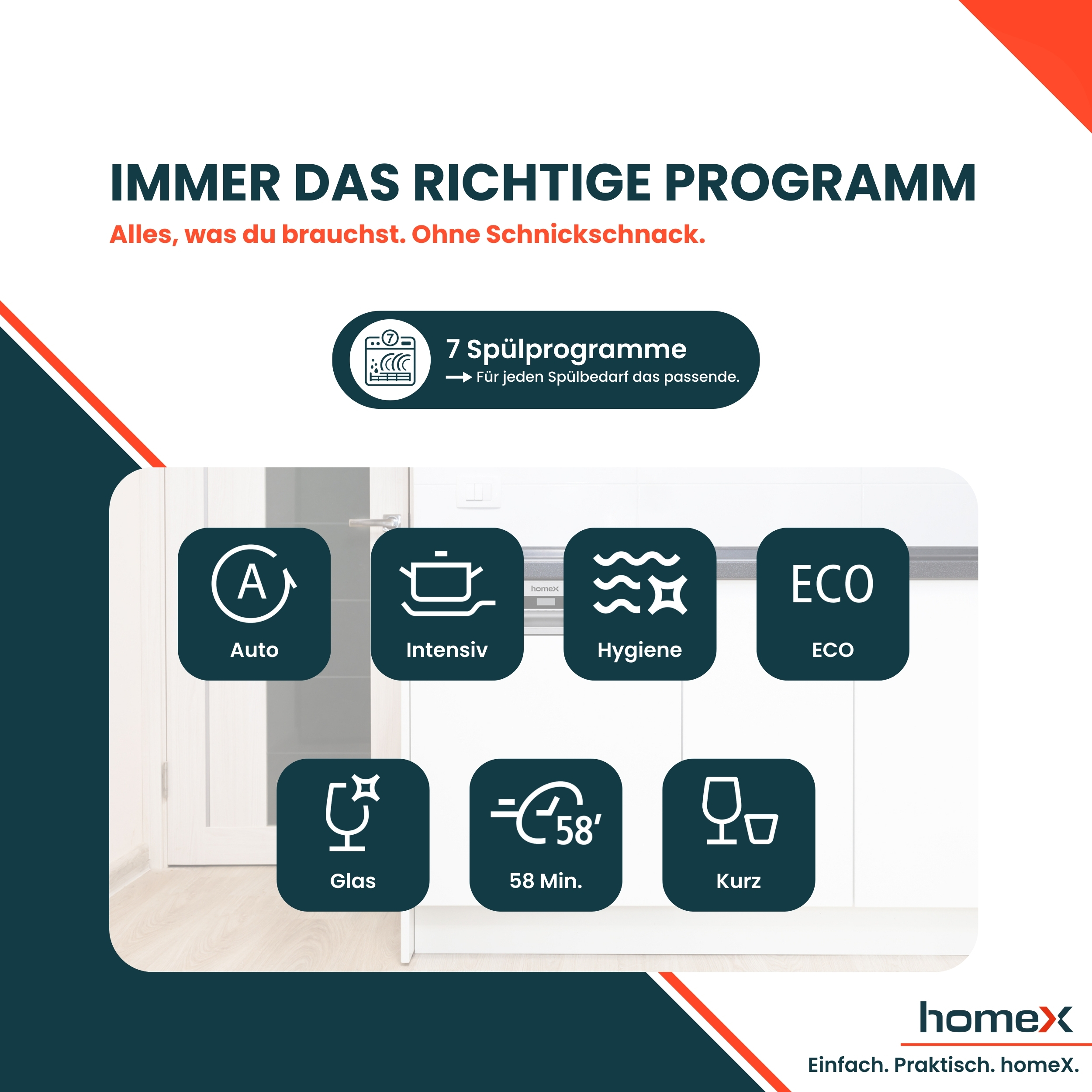 Icons für 7 Spülprogramme: Auto, Intensiv, Hygiene, ECO, Glas, 58 Min., Kurz.