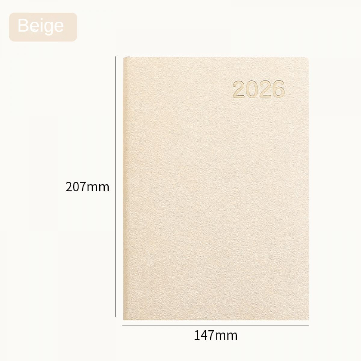 Beiger Notizblock, 147mm x 207mm, mit der Jahreszahl 2026.