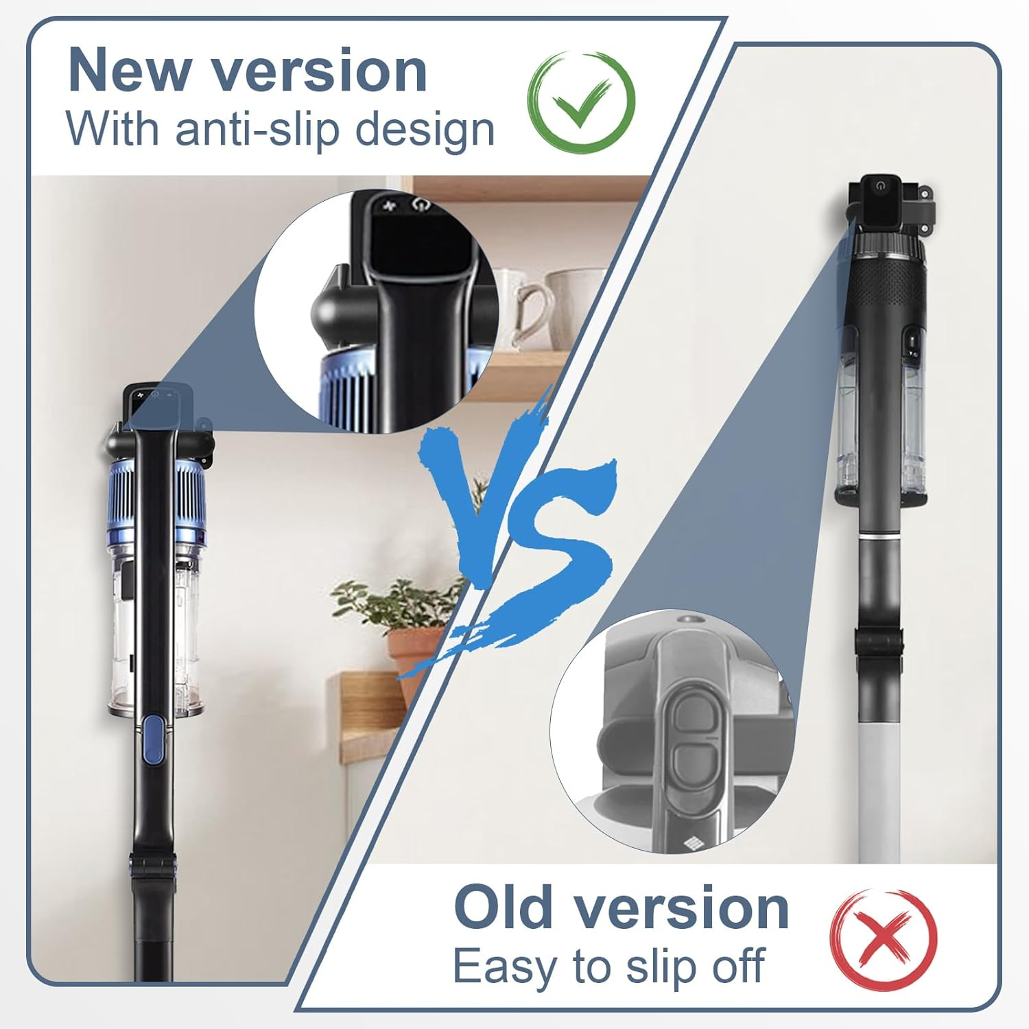 Vergleich von Staubsaugern: Neue Version mit Anti-Rutsch-Design vs. alte Version.