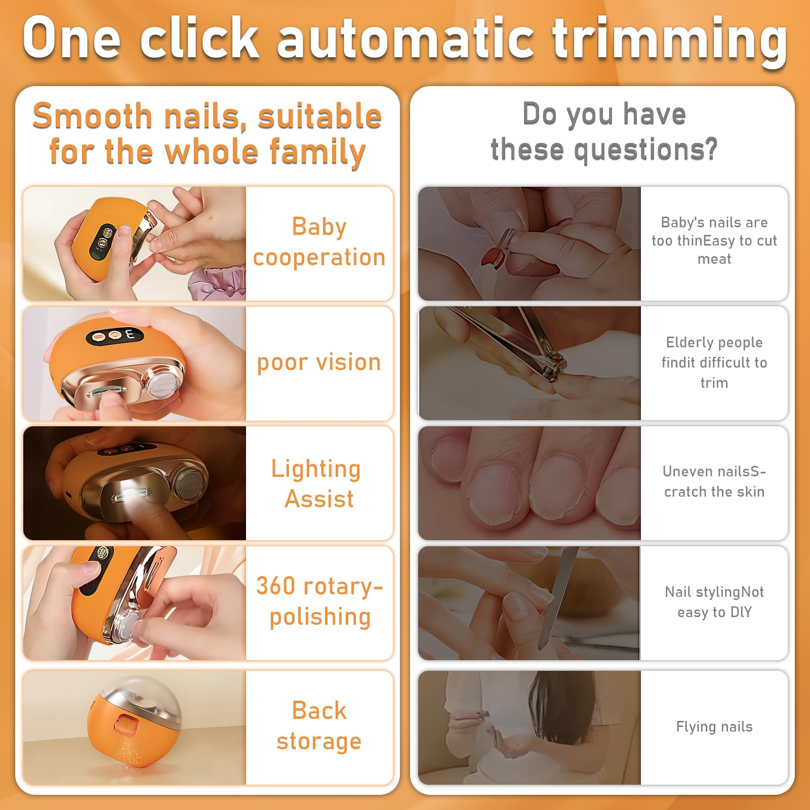 Orange automatischer Nageltrimmer mit verschiedenen Funktionen und Szenarien.