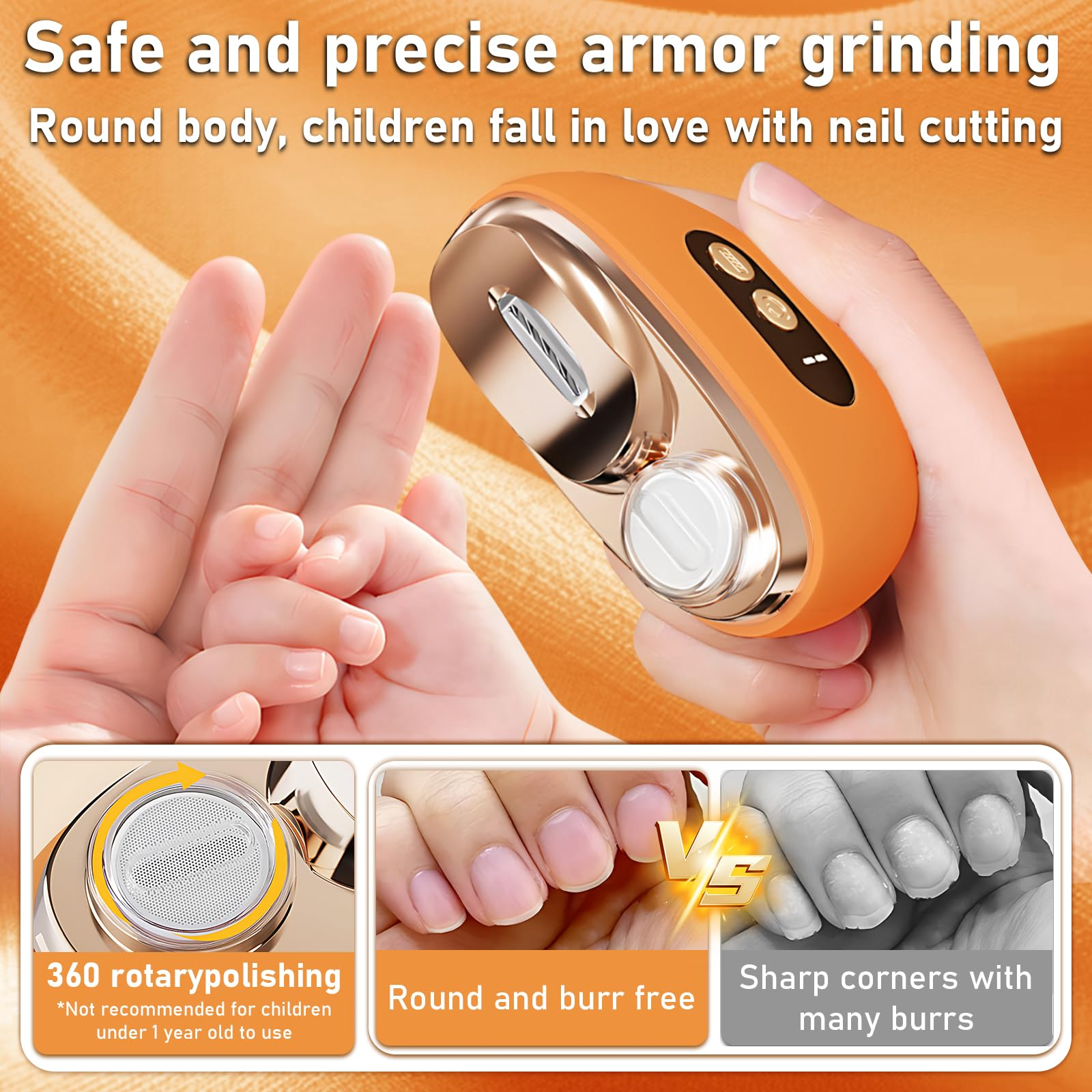 Orange Baby-Nagelknipser mit rotierenden Polieraufsätzen und Baby-/Erwachsenennägeln im Vergleich.