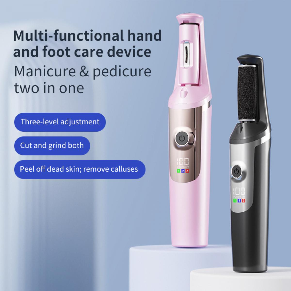 Zwei multifunktionale Hand- und Fußpflegegeräte, rosa und schwarz, mit LCD-Anzeige.