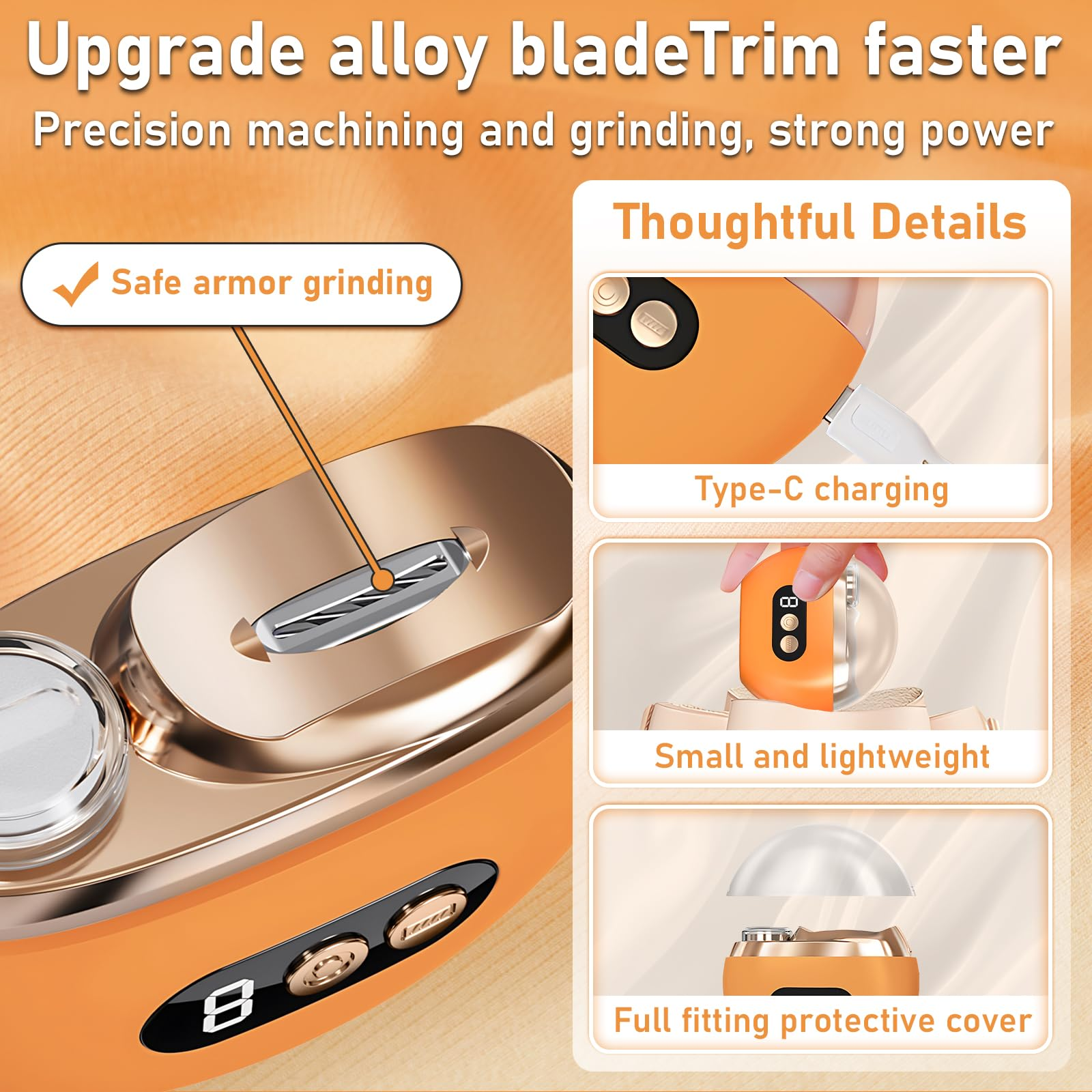Orange Trimmer mit Typ-C-Ladeanschluss, Schutzhülle und digitaler Anzeige.