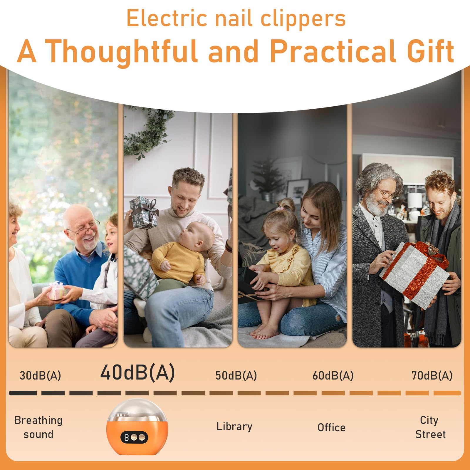 Mehrere Familien schenken sich Geschenke, mit Schallpegeln von 30-70 dB.