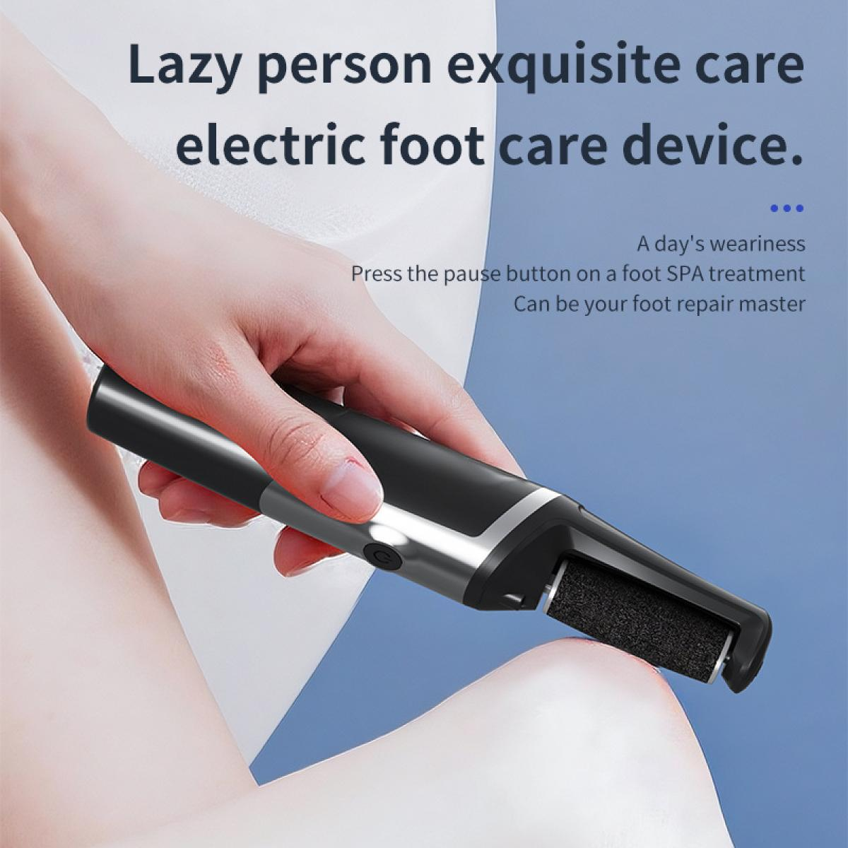 Eine Hand hält ein elektrisches Fußpflegegerät, das auf einem Bein benutzt wird.