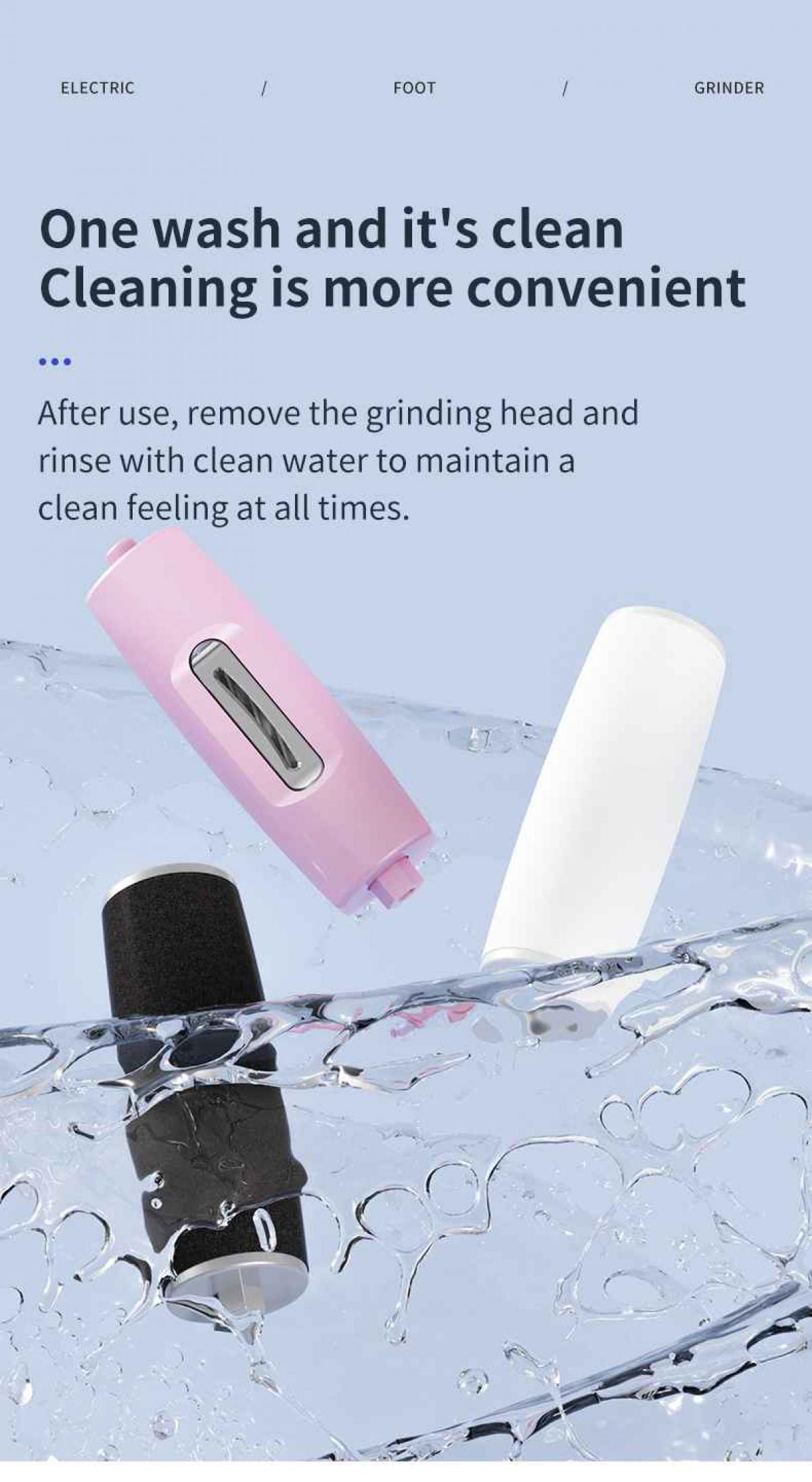 Ein pinker und ein weißer elektrischer Fußschleifer mit schwarzem Aufsatz unter Wasser.