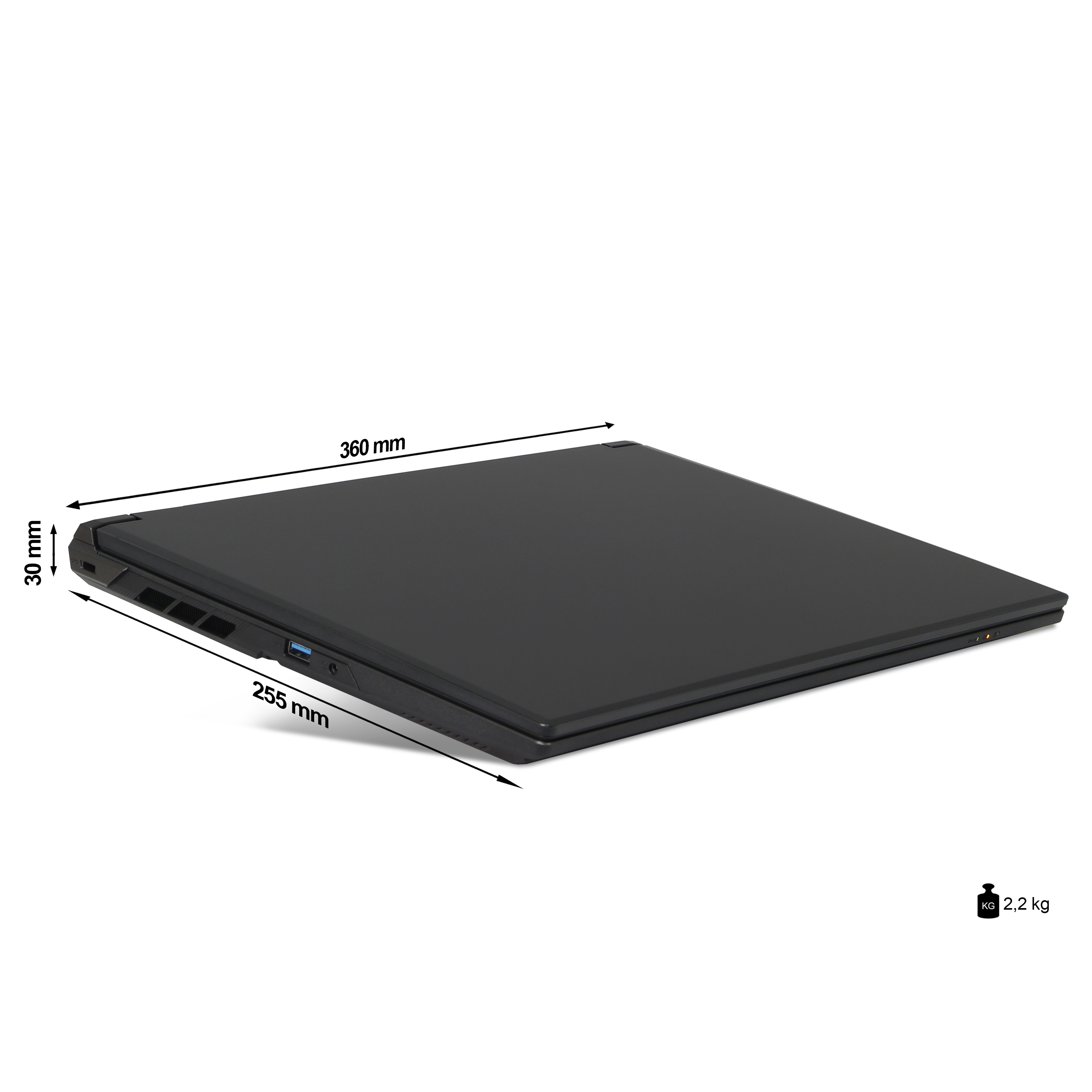 Portátil negro de 360x255x30mm y 2,2 kg de peso.