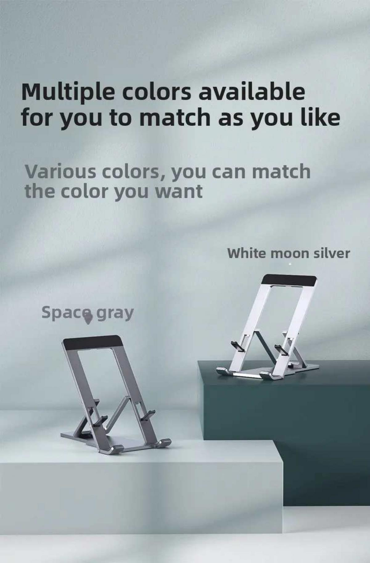 Zwei Laptopständer in Space Gray und White Moon Silver, auf Podesten.