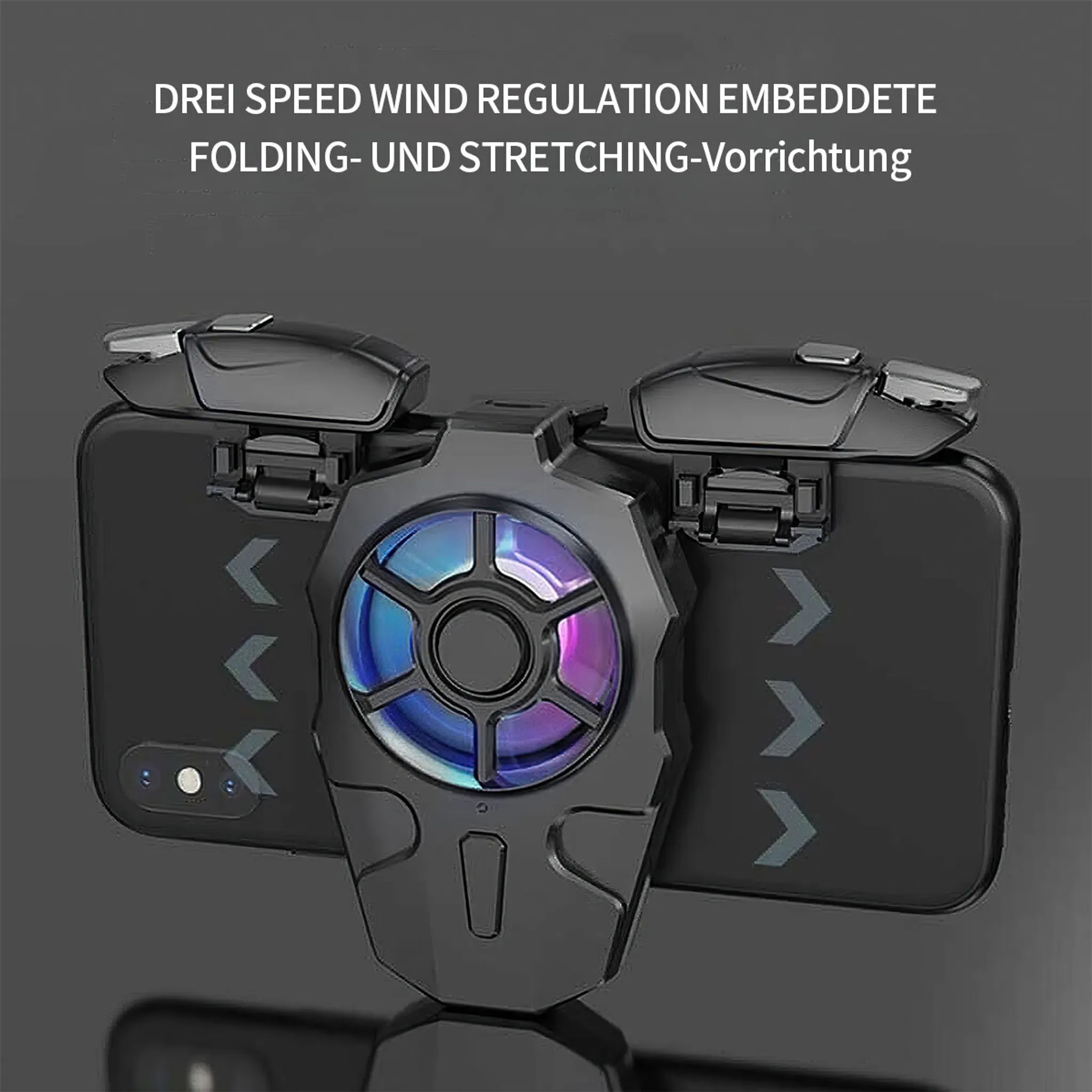 Schwarzer Handy-Kühler mit RGB-Lüfter und Griffen.