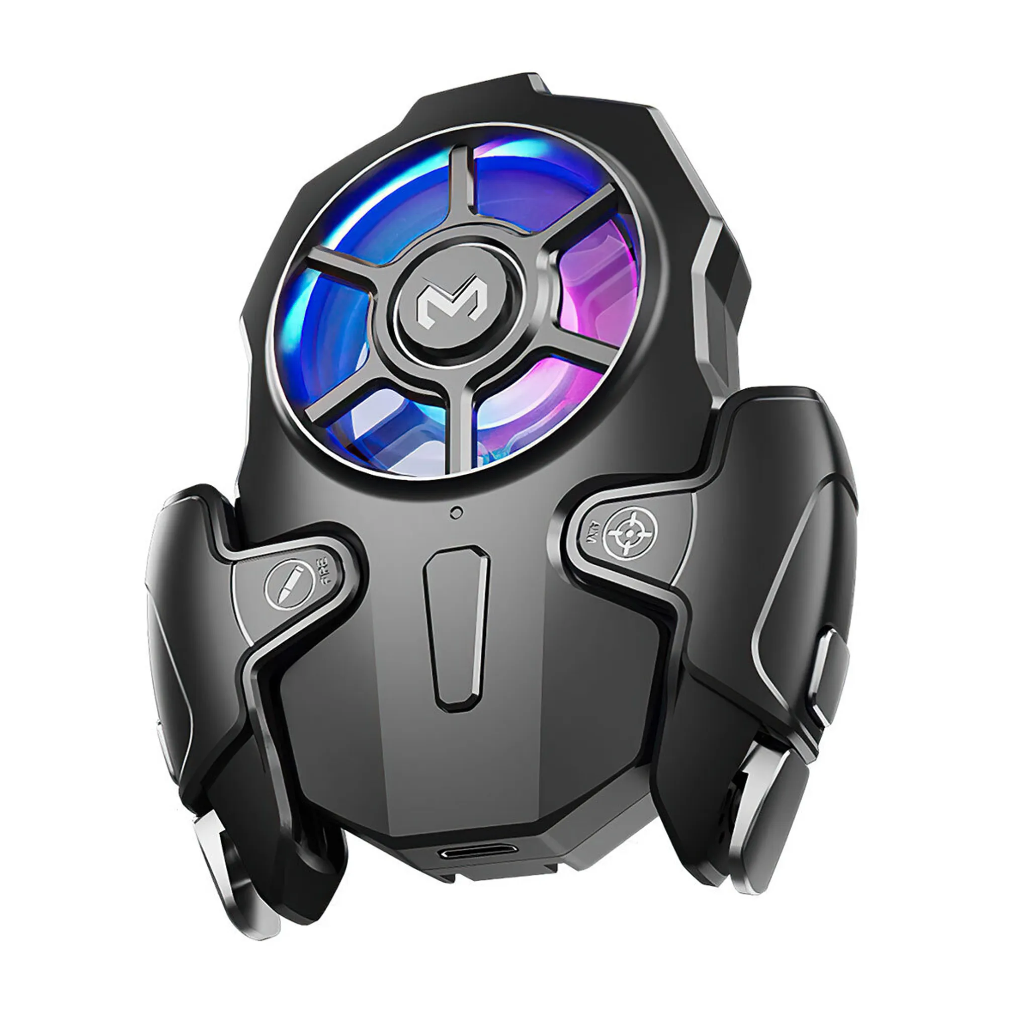 Schwarzer Handy-Kühler mit RGB-Lüfter und Bedienelementen.