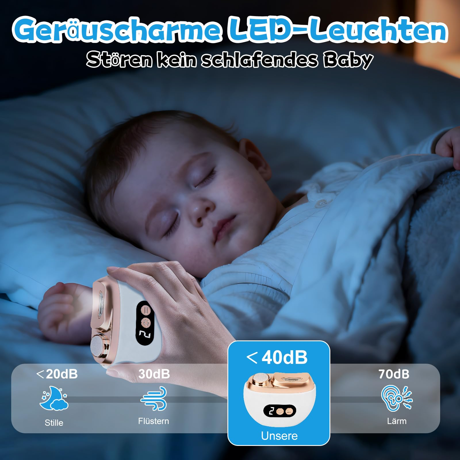 Ein Baby schläft, während eine Hand ein Gerät mit LED-Anzeige hält. Lautstärkeangaben sind sichtbar.