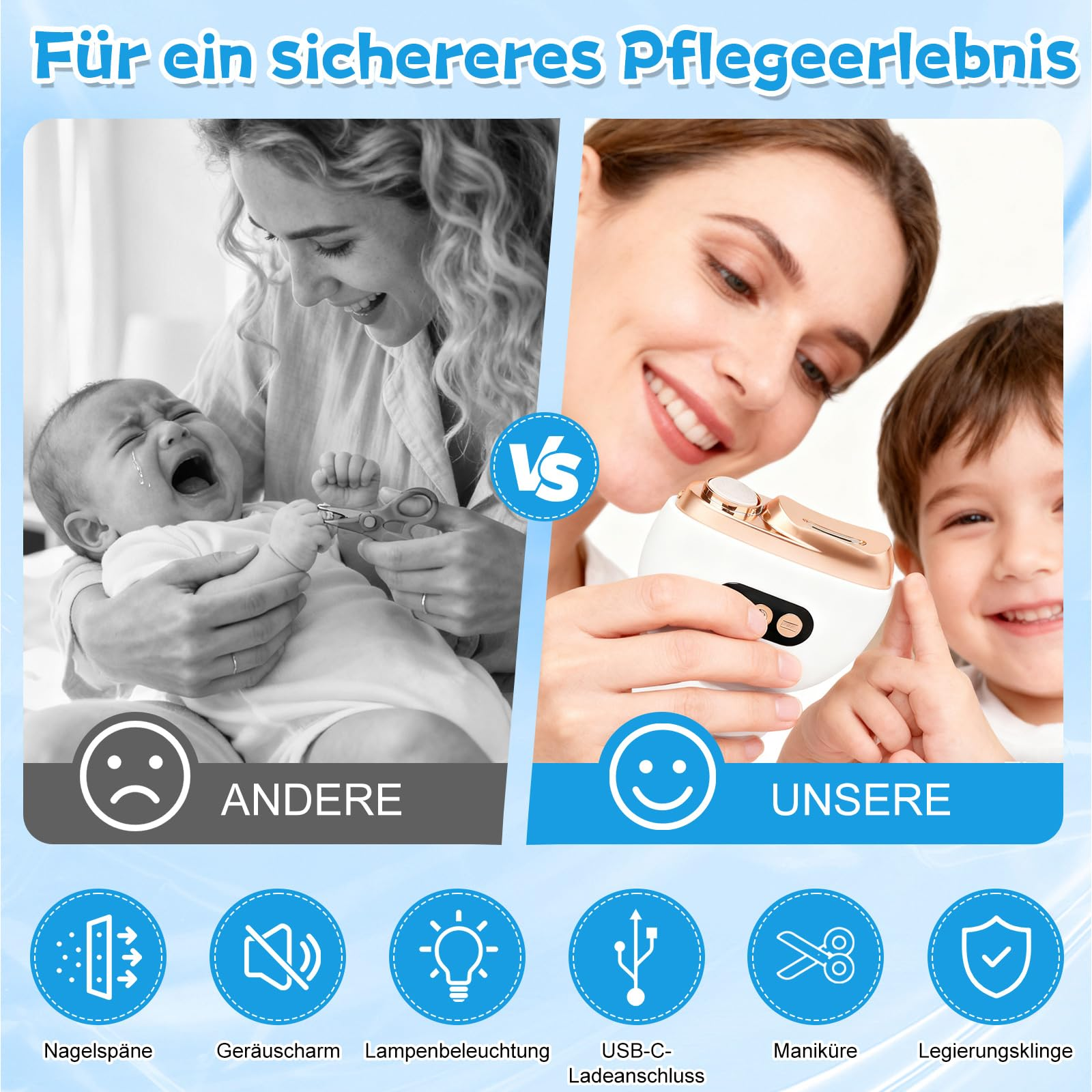 Vergleich: Mutter schneidet Baby die Nägel vs. Frau mit Gerät, lächelnd. Icons für Funktionen.