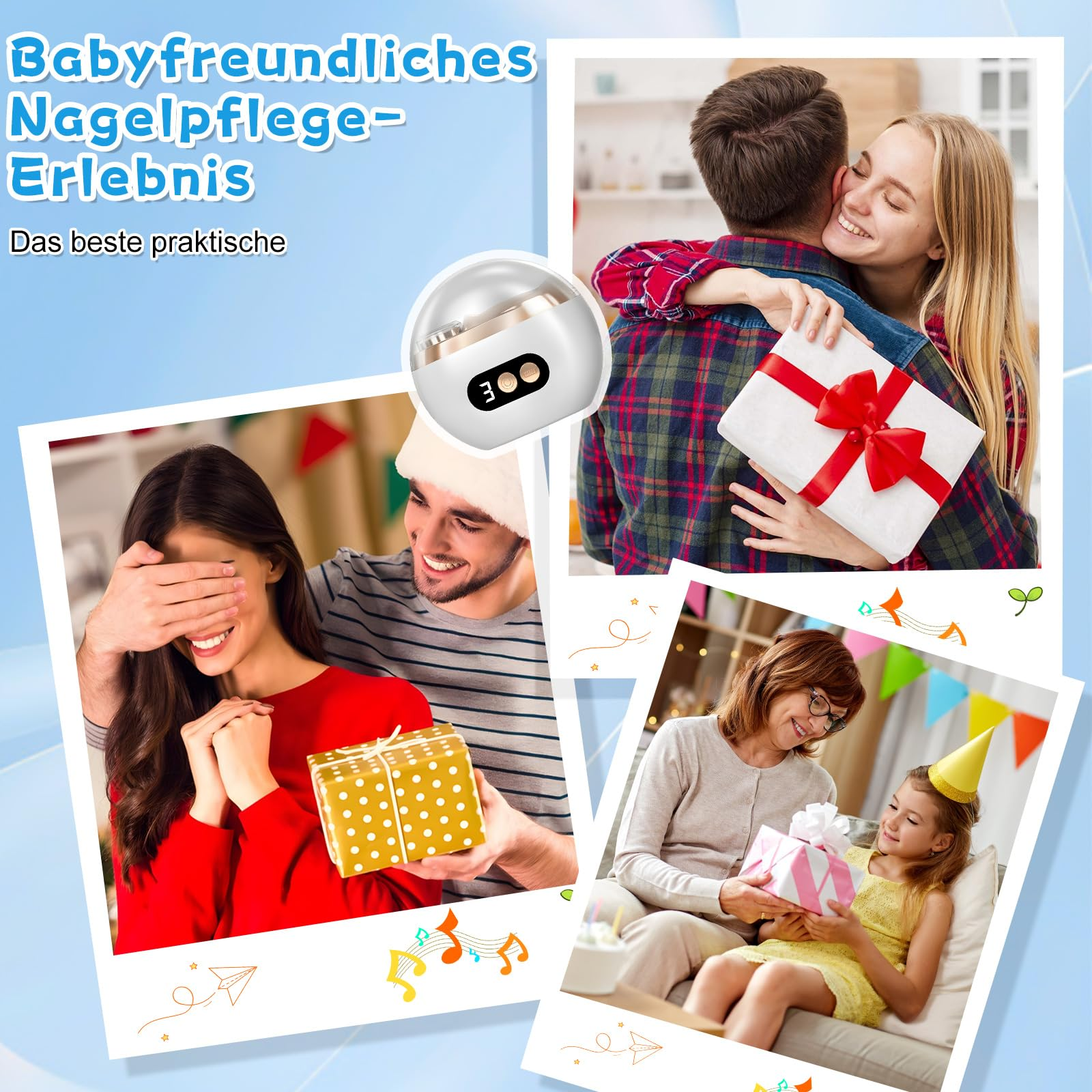 Eine Frau umarmt einen Mann, der ein Geschenk hält. Eine andere Frau gibt ein Geschenk.