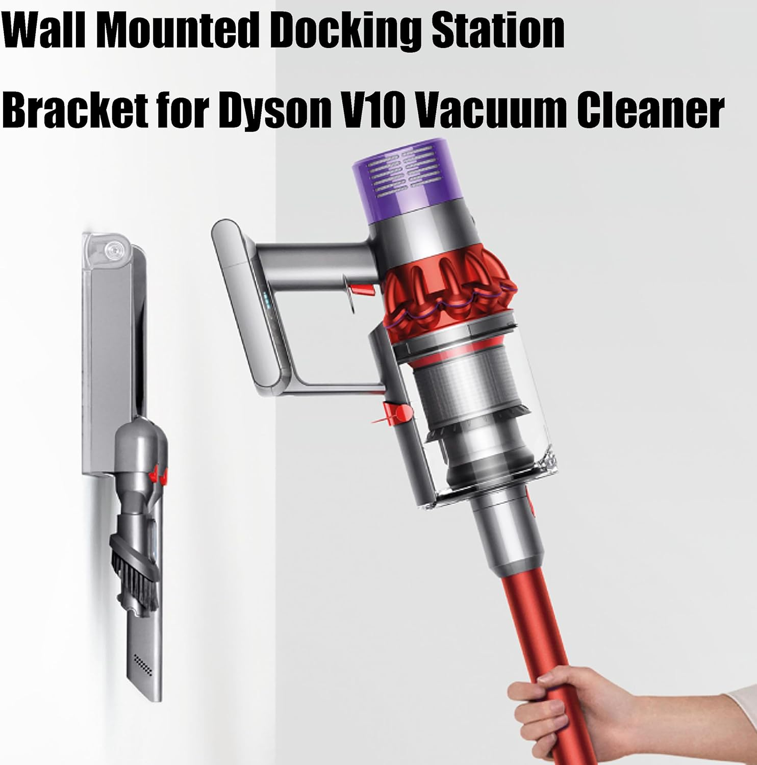 Wandhalterung für Dyson V10 Staubsauger mit Zubehör.
