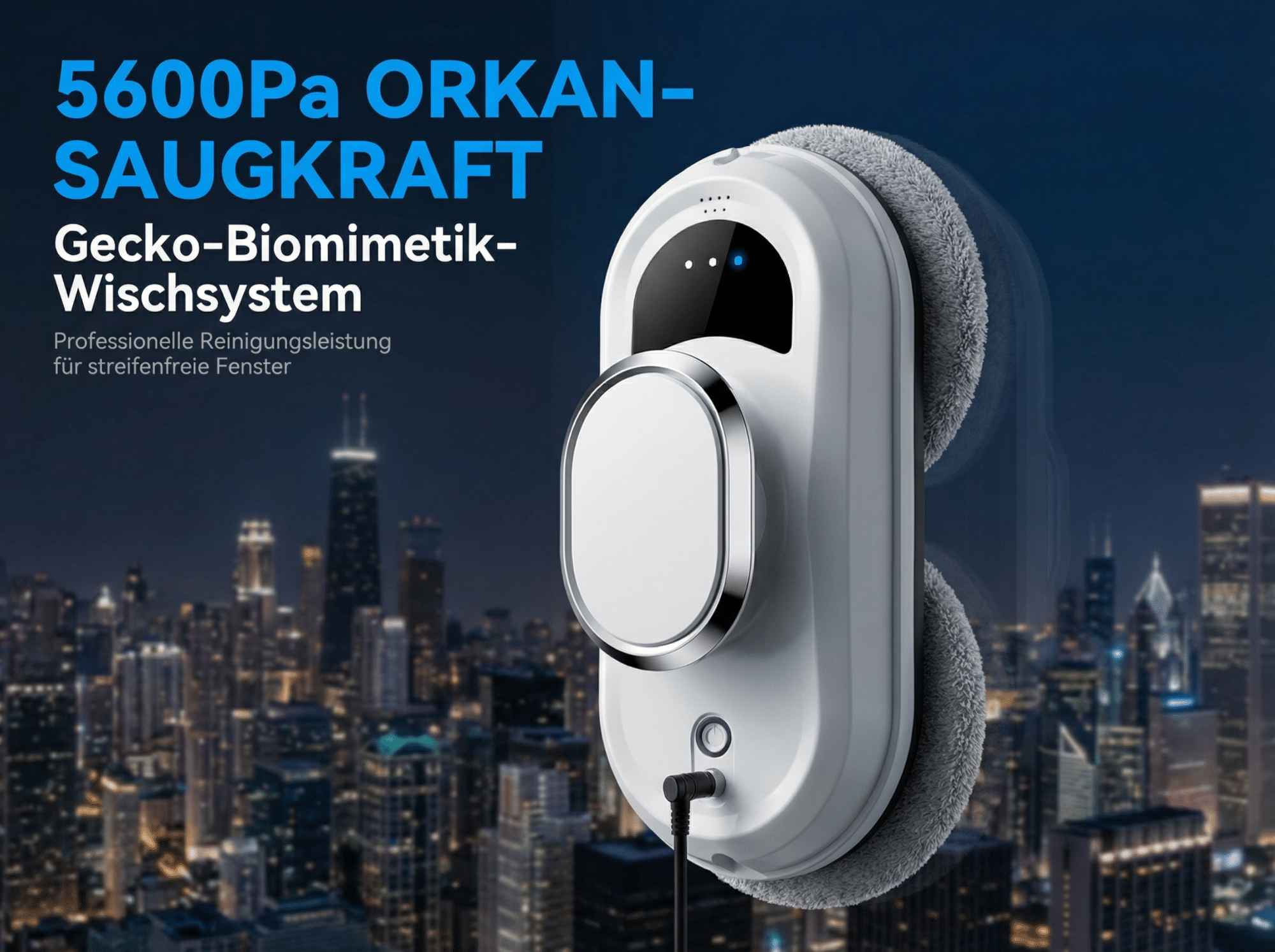 Ein weißer Fensterreinigungsroboter mit grauen Pads vor einer Stadt bei Nacht.