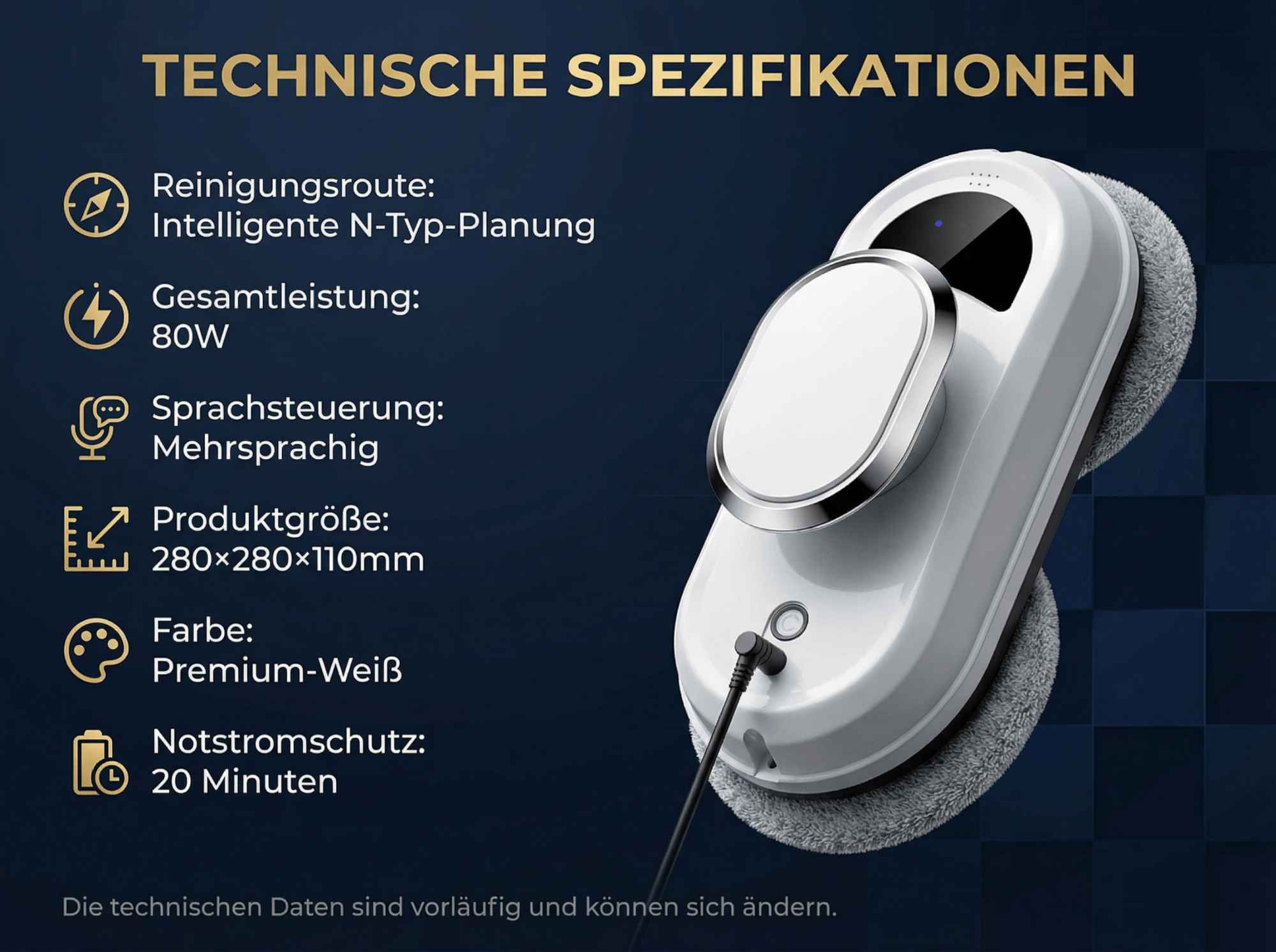 Weier Fensterreinigungsroboter mit Details zu Leistung, Gren und Farbe.