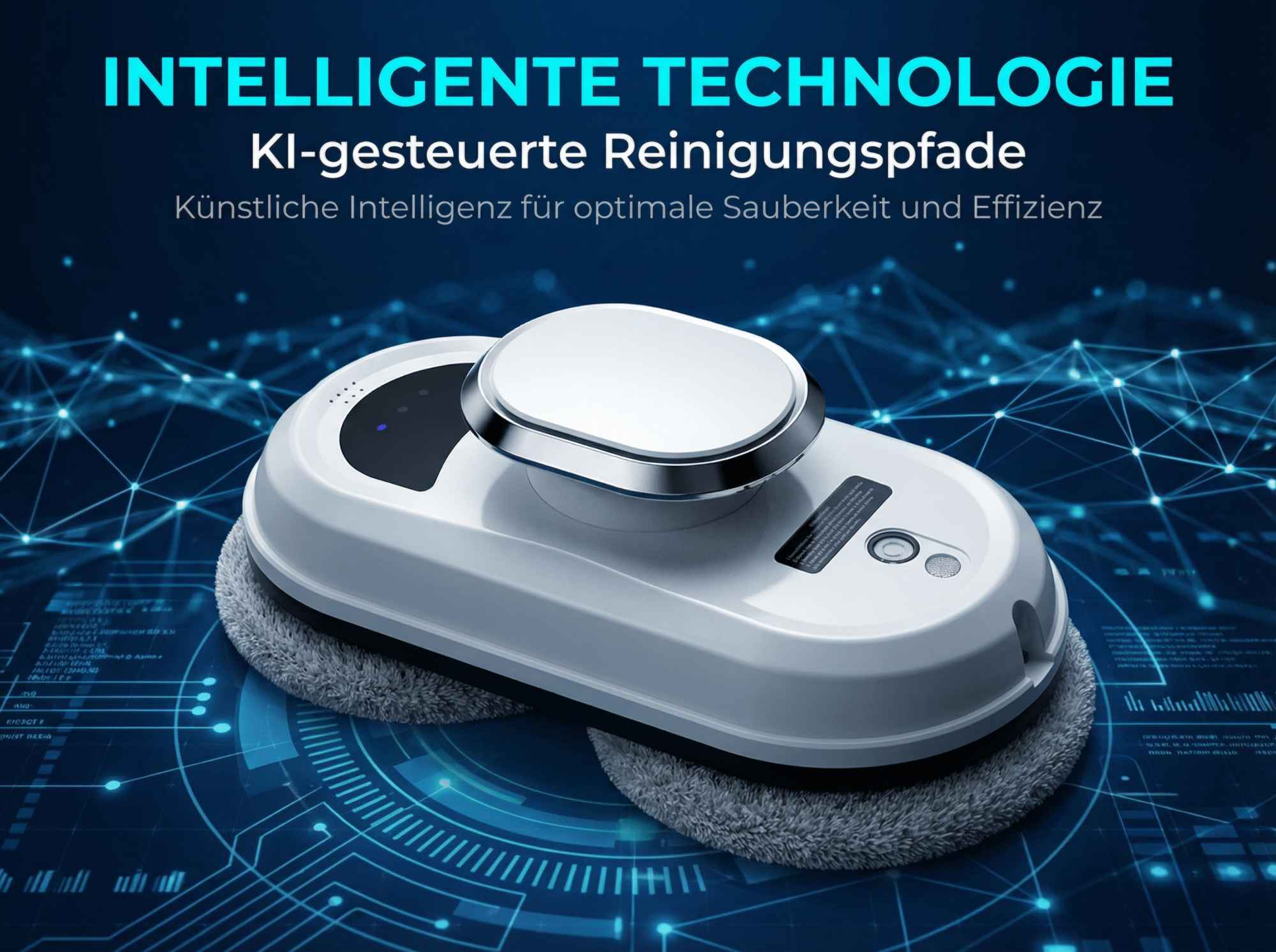 Ein weißer Roboter-Fensterreiniger mit zwei rotierenden Pads auf einem dunklen Hintergrund.