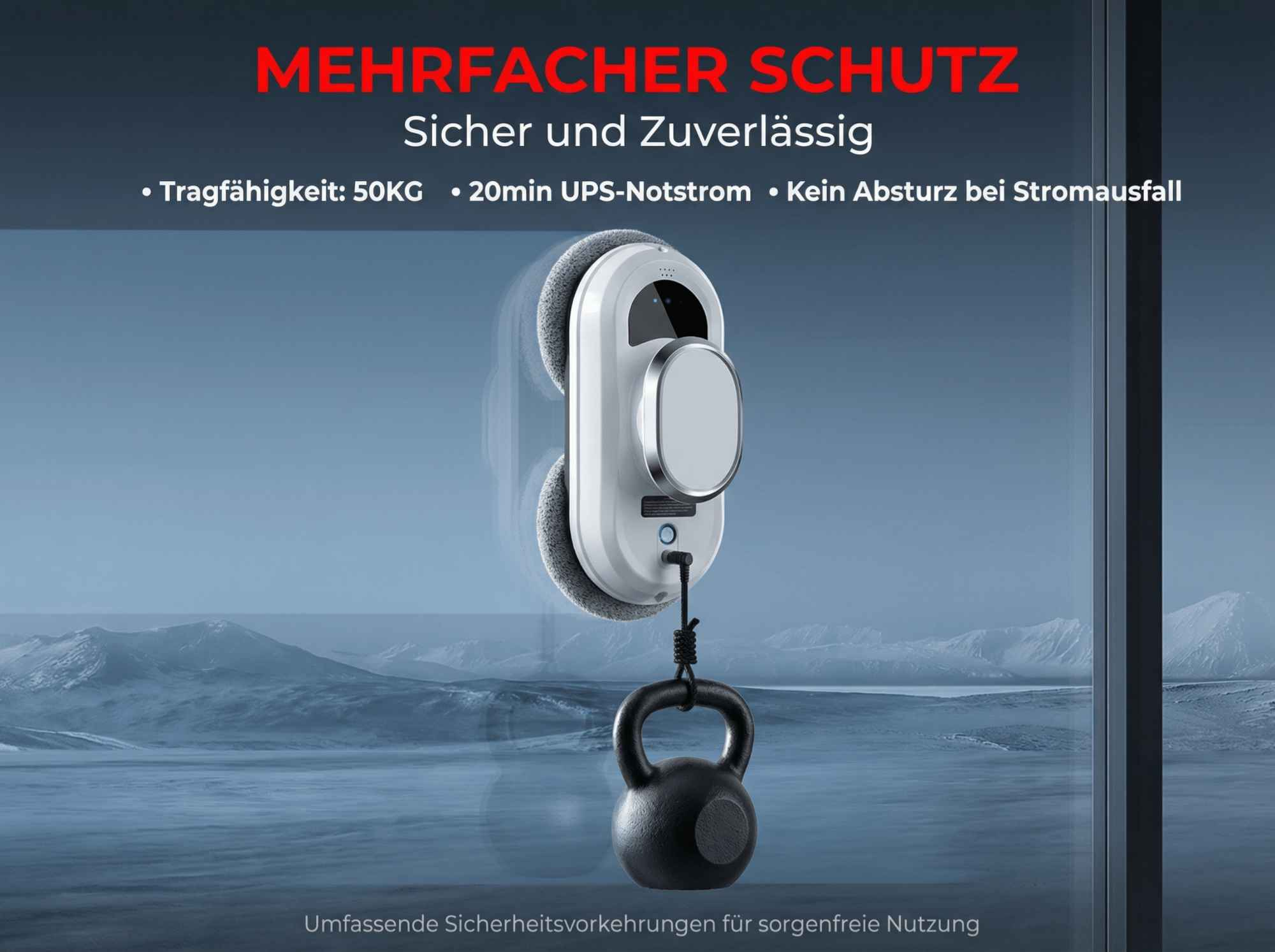 Ein Fensterputzroboter hängt an einem Seil mit einem Gewicht, um seine Sicherheit zu demonstrieren.