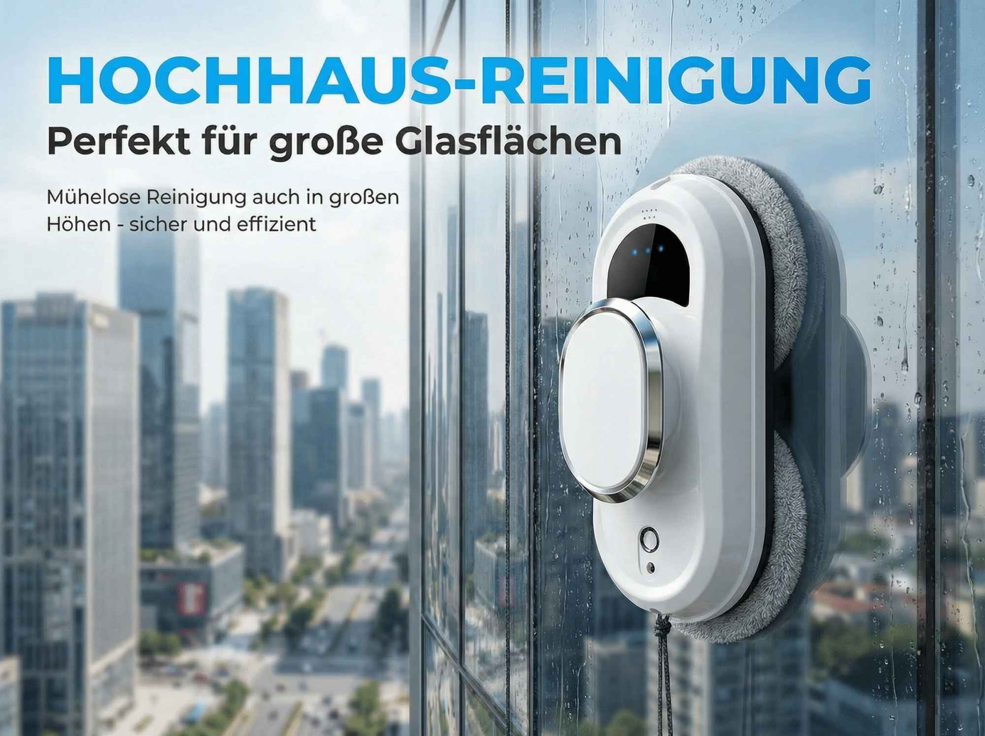 Ein weißer Roboter-Fensterreiniger auf einem Glasfenster mit Stadtblick.