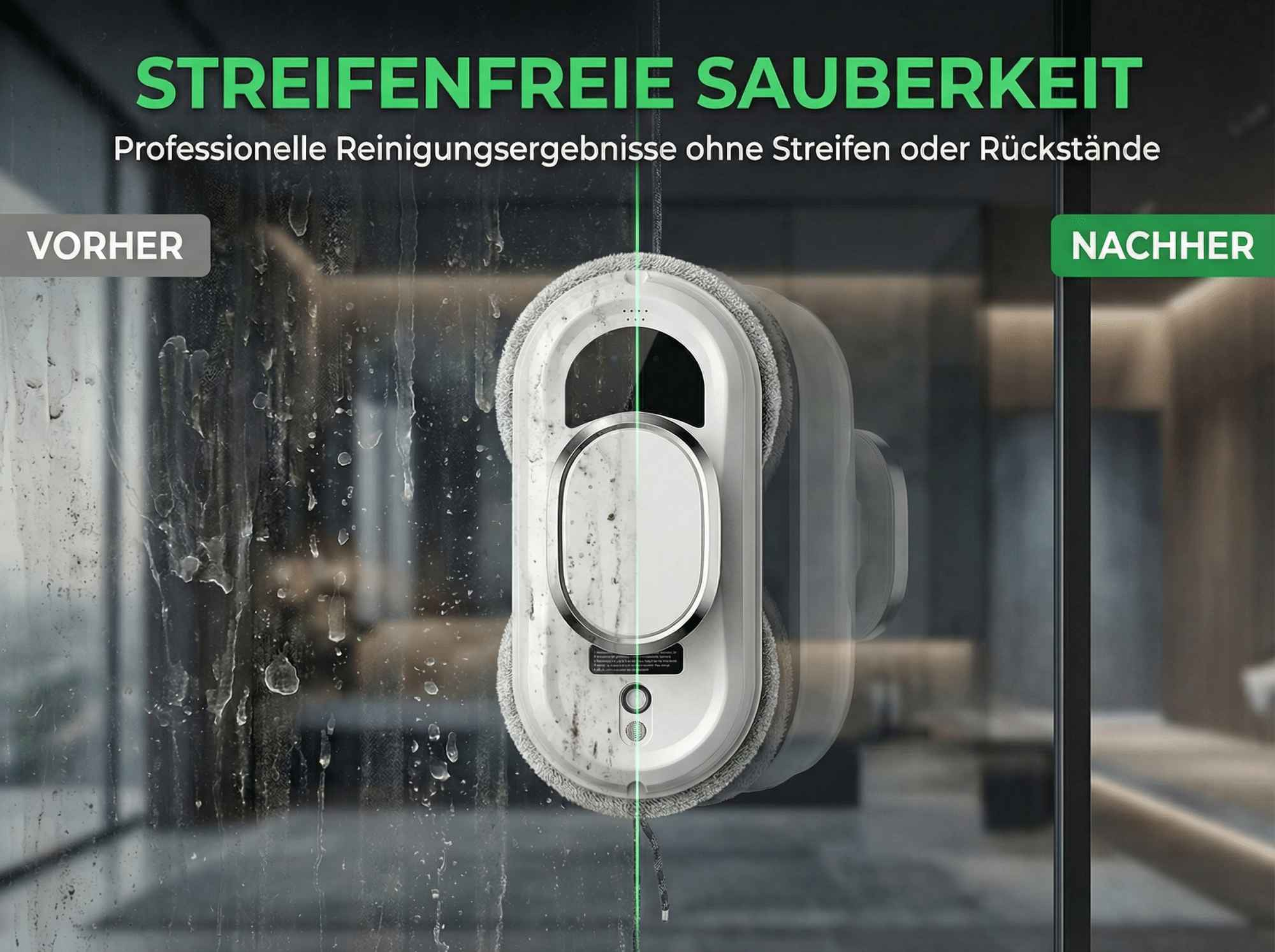 Fensterreinigungsroboter vor und nach der Reinigung auf schmutzigem Glas.