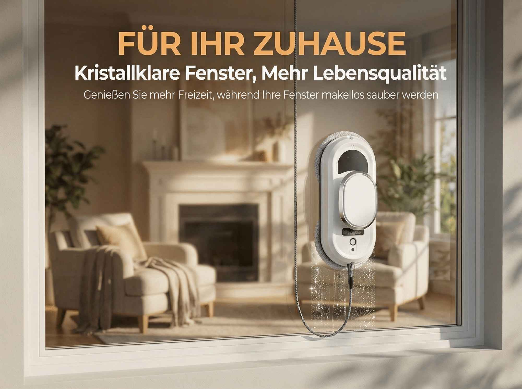 Ein Fensterreinigungsroboter reinigt ein Fenster in einem Wohnzimmer.