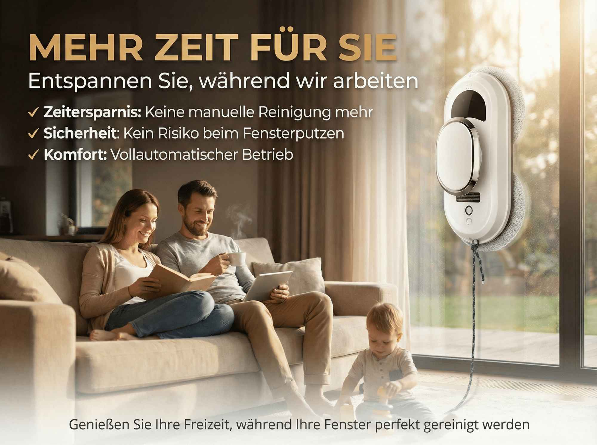 Ein Roboter reinigt ein Fenster, während eine Familie entspannt.