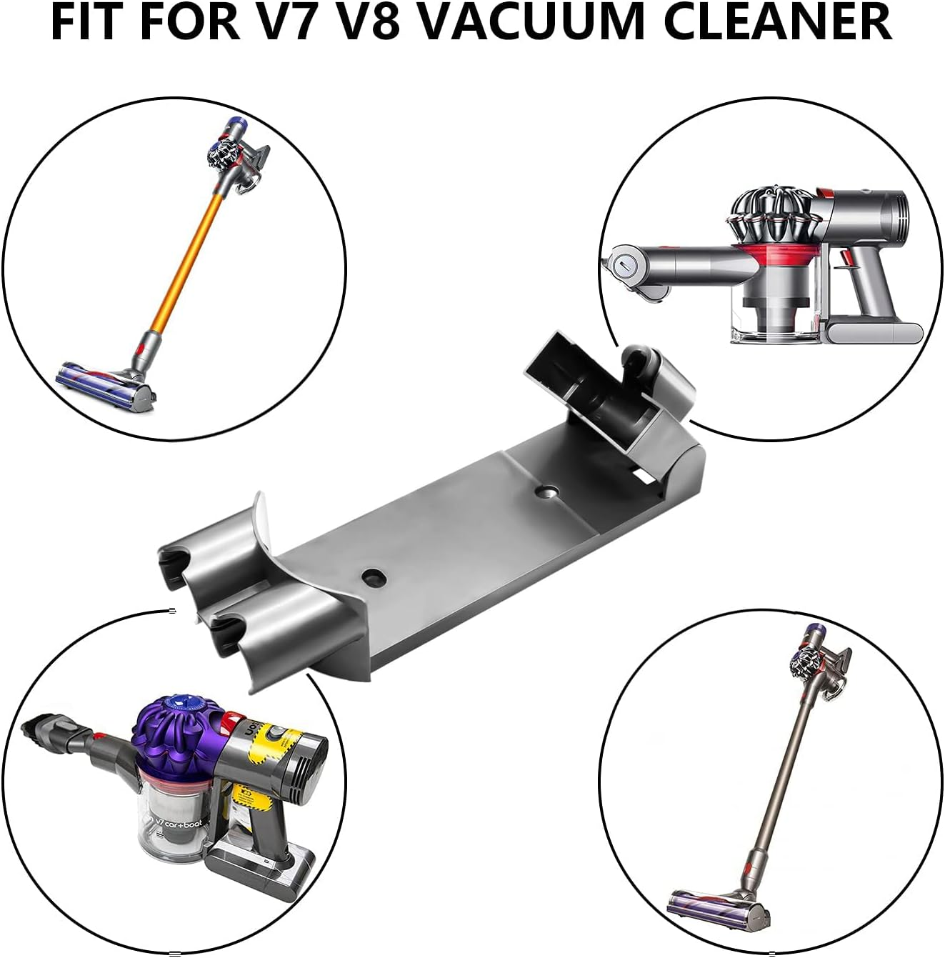 Ein Wandhalter für Dyson V7 V8 Staubsauger, mit vier Ansichten.