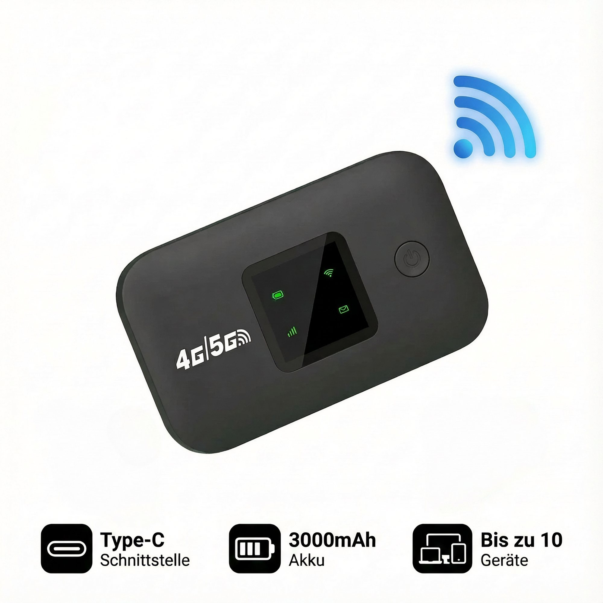 Schwarzer 4G/5G mobiler Hotspot mit WLAN-Symbol, Bildschirm und Ladeanzeige.