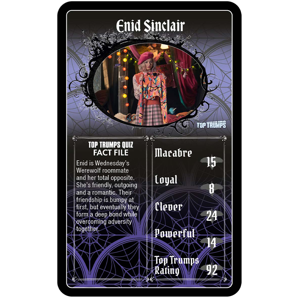 Carta Top Trumps di Enid Sinclair con statistiche: Macabro 15, Leale 8, Intelligente 24, Potente 14, Valutazione 92.