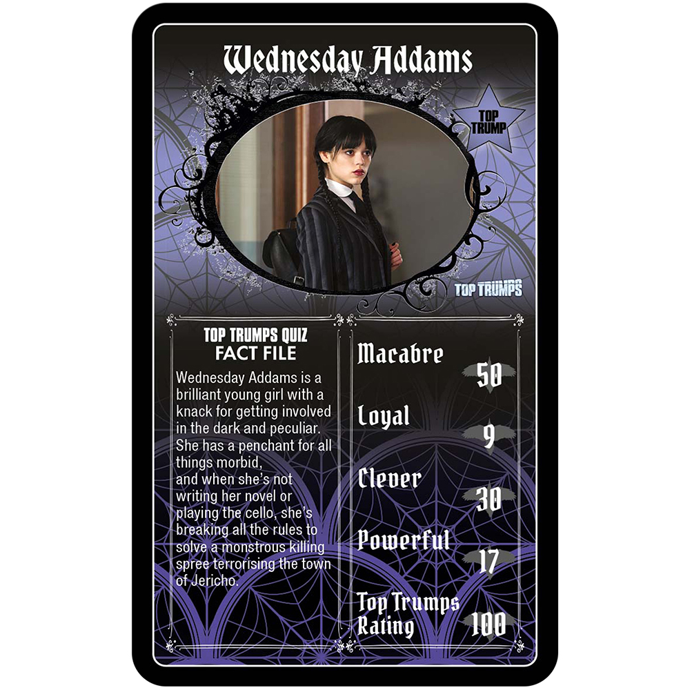 Wednesday Addams, una ragazza con trecce scure, si trova su uno sfondo scuro e ornato.