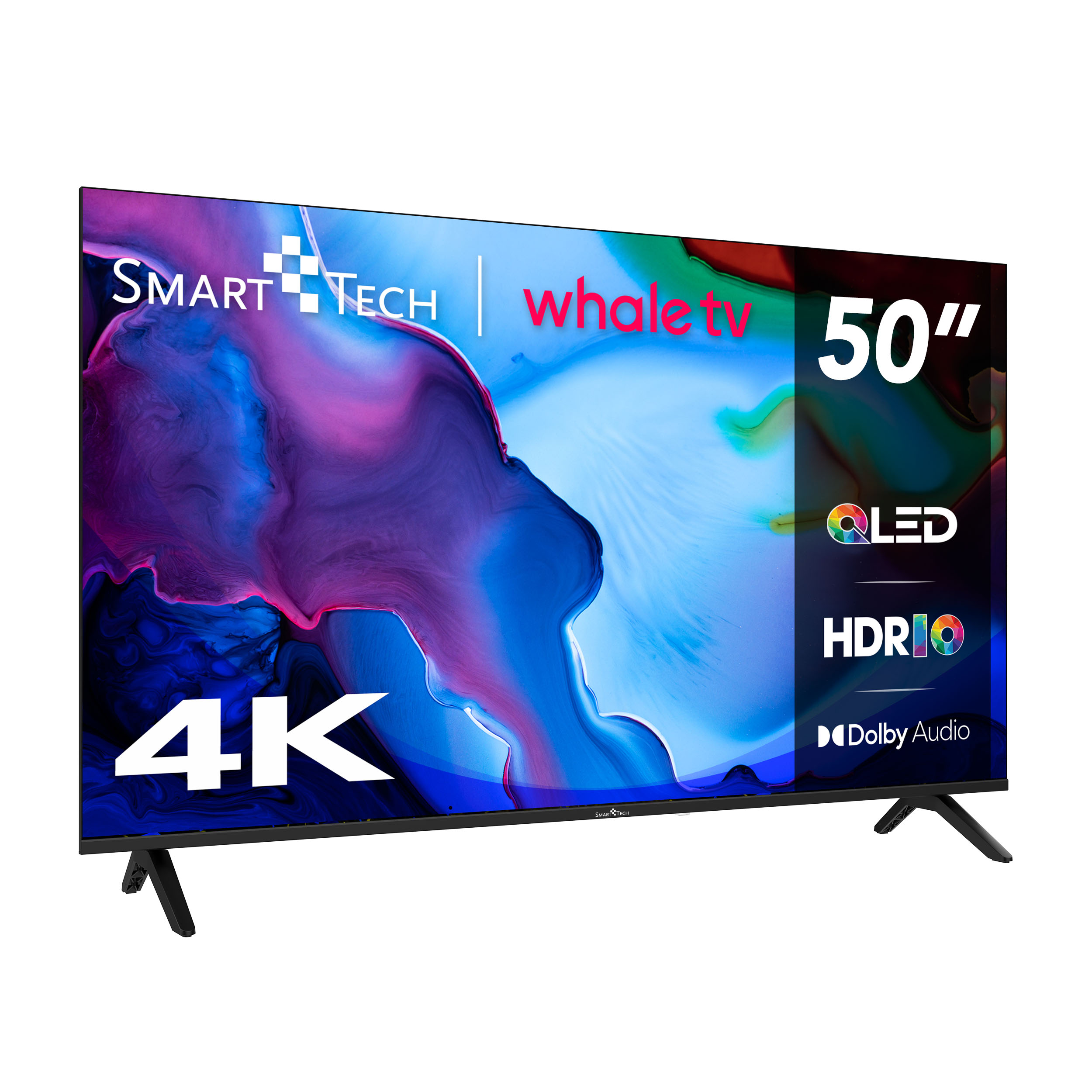 Un Smart TV de 50 pulgadas con logos 4K, QLED, HDR10 y Dolby Audio.
